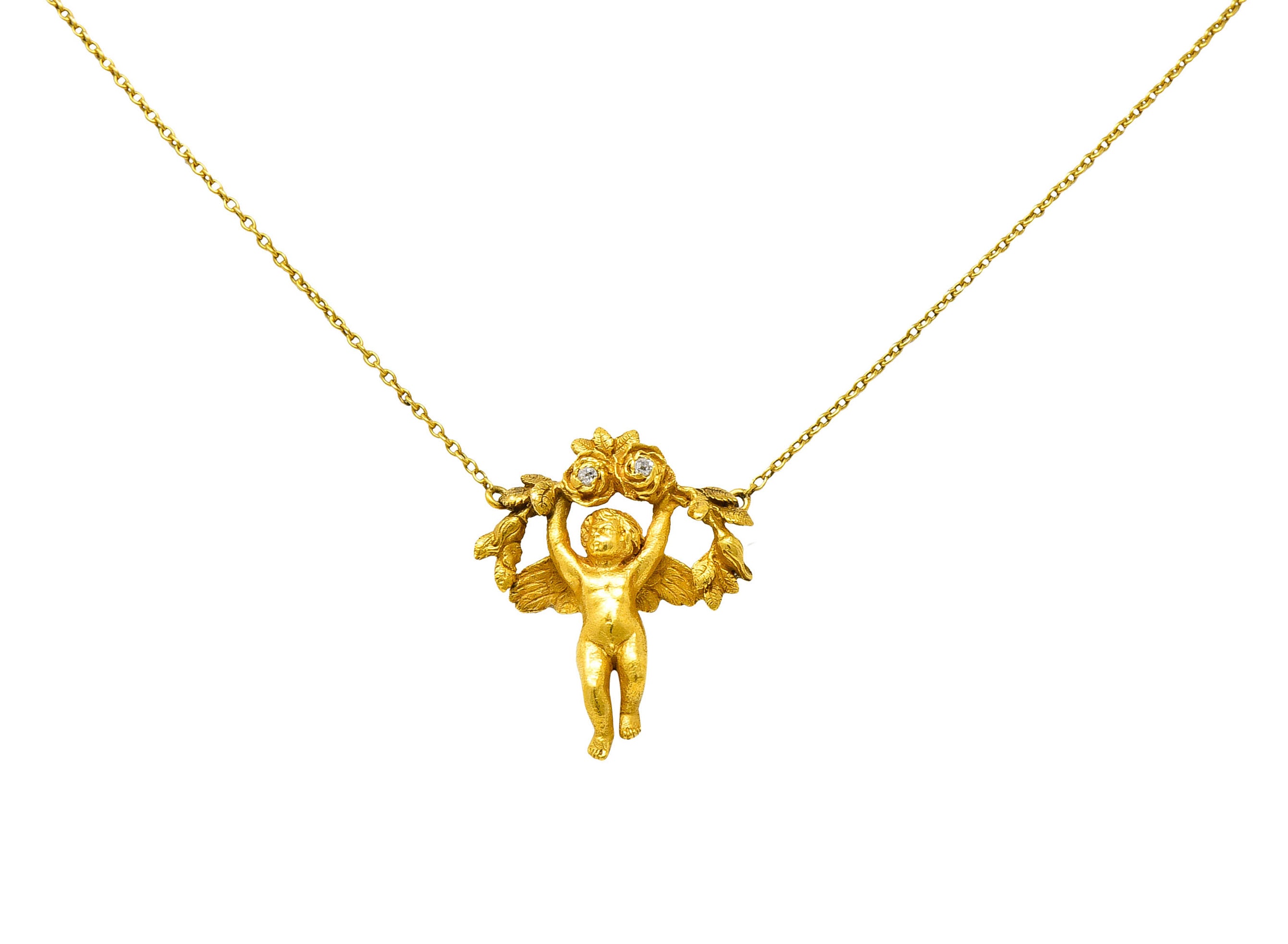 Art Nouveau Diamond 18 Karat Yellow Gold Cherub Station NecklaceNecklace - Wilson's Estate Jewelry