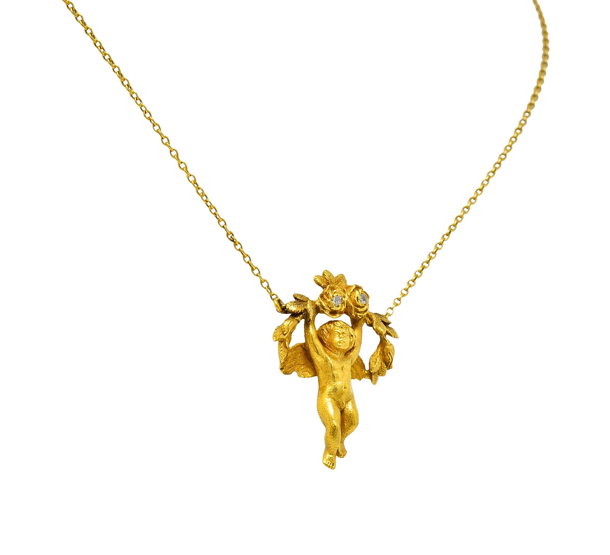 Art Nouveau Diamond 18 Karat Yellow Gold Cherub Station NecklaceNecklace - Wilson's Estate Jewelry