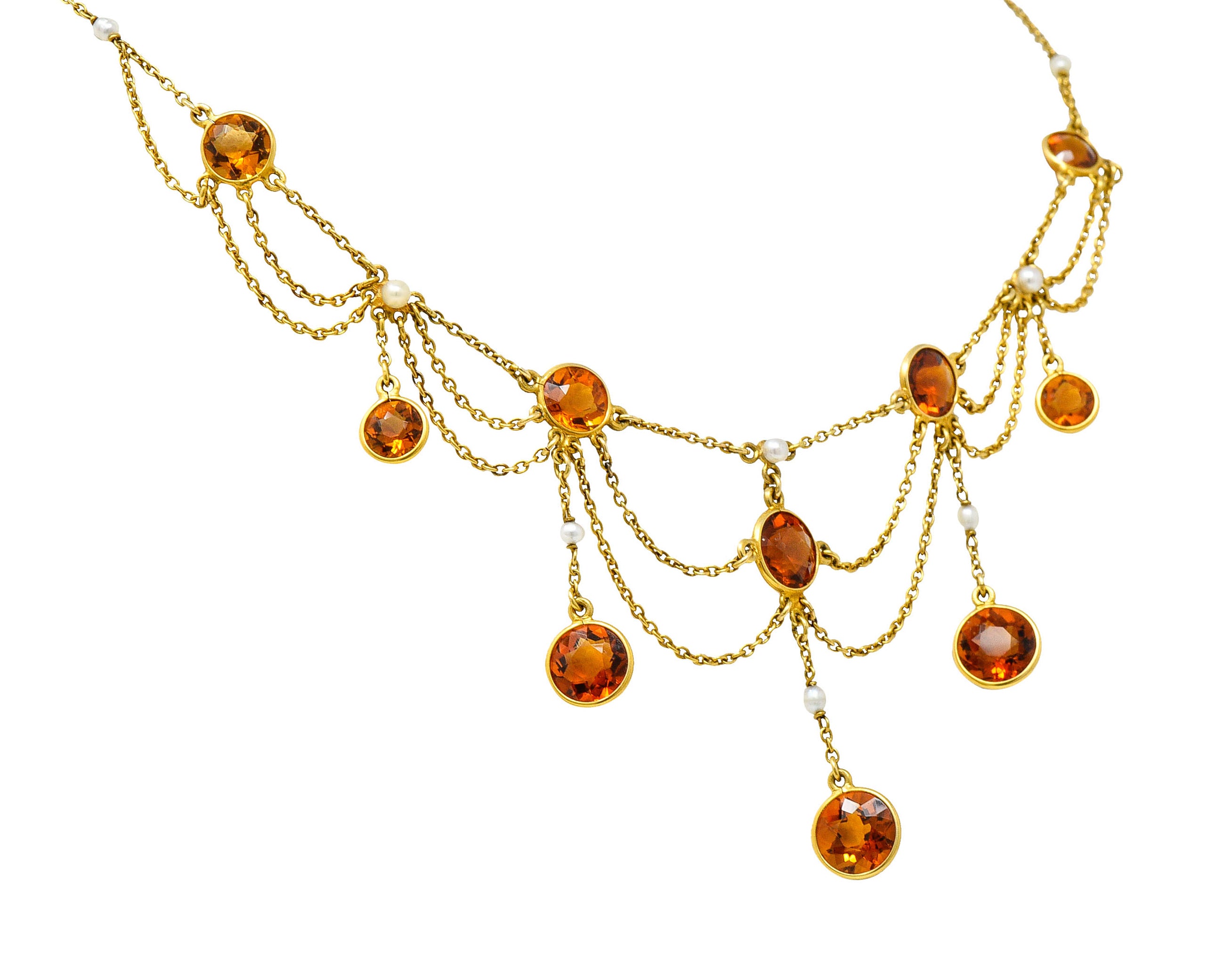 Art Nouveau Citrine Pearl 14 Karat Gold Swag Station NecklaceNecklace - Wilson's Estate Jewelry