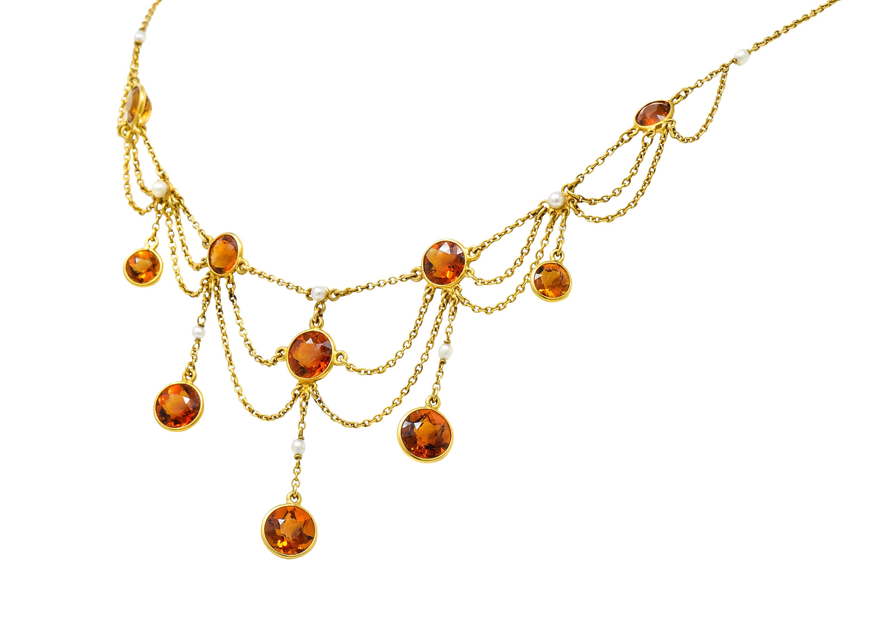 Art Nouveau Citrine Pearl 14 Karat Gold Swag Station NecklaceNecklace - Wilson's Estate Jewelry