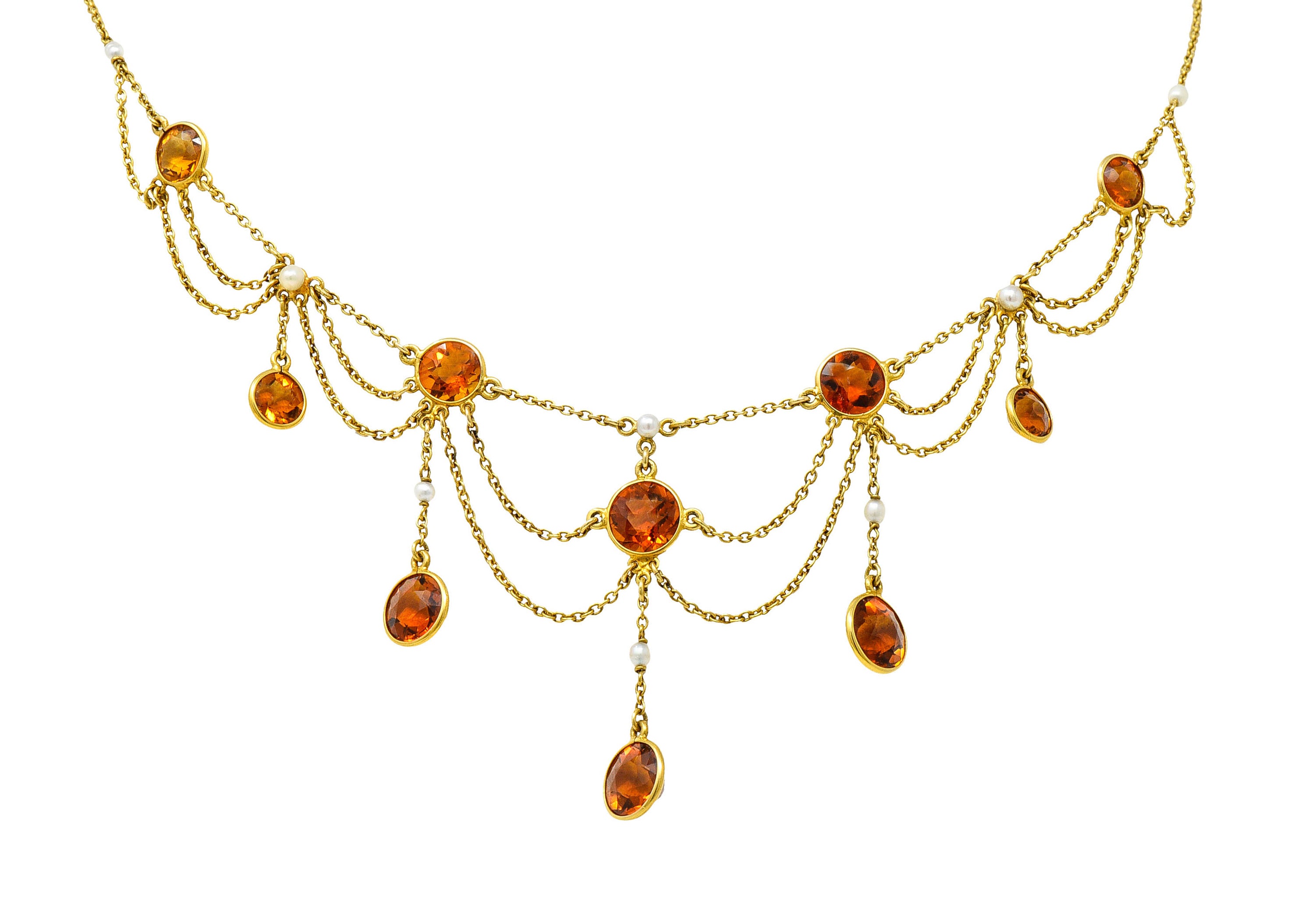 Art Nouveau Citrine Pearl 14 Karat Gold Swag Station NecklaceNecklace - Wilson's Estate Jewelry