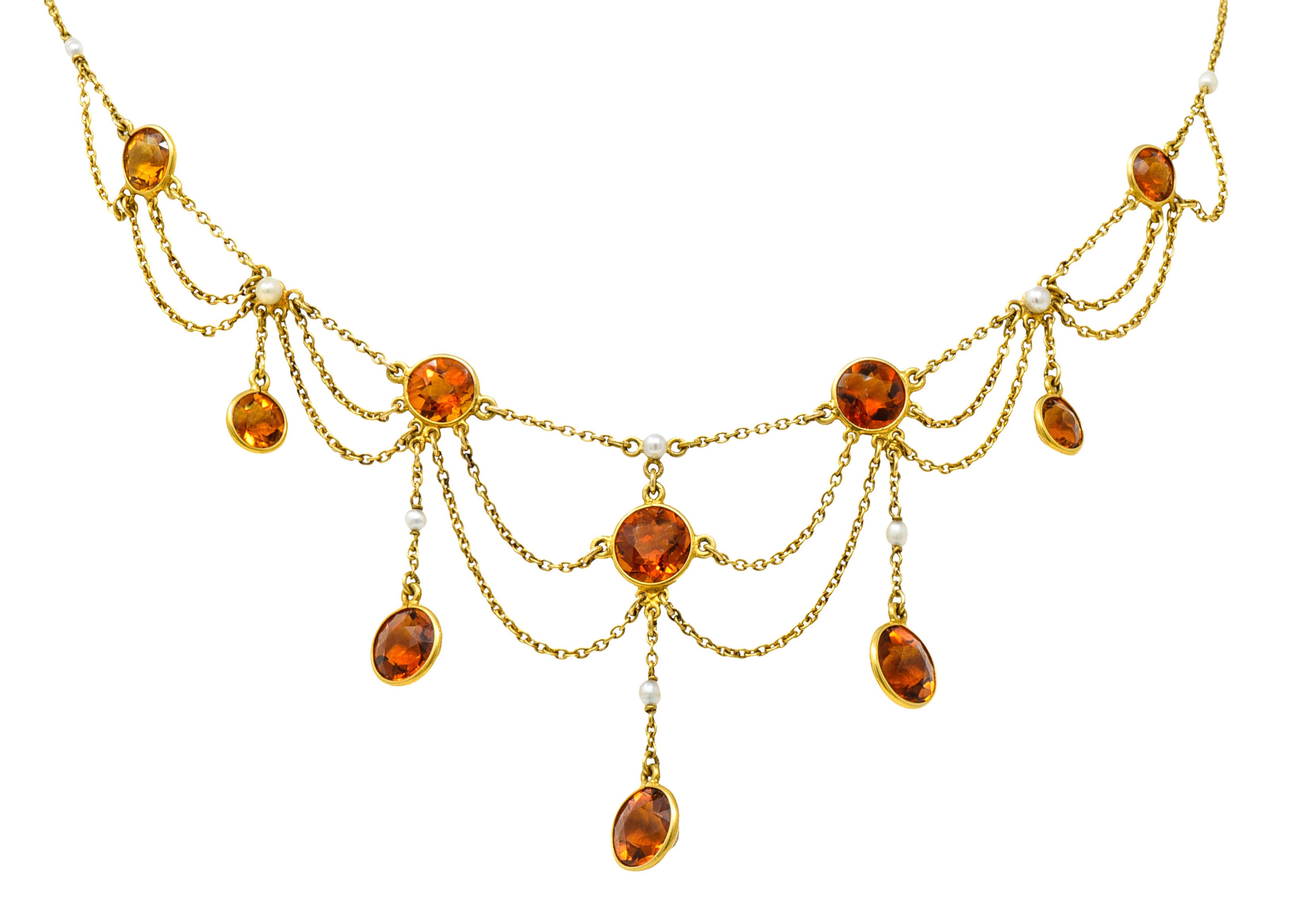 Art Nouveau Citrine Pearl 14 Karat Gold Swag Station NecklaceNecklace - Wilson's Estate Jewelry