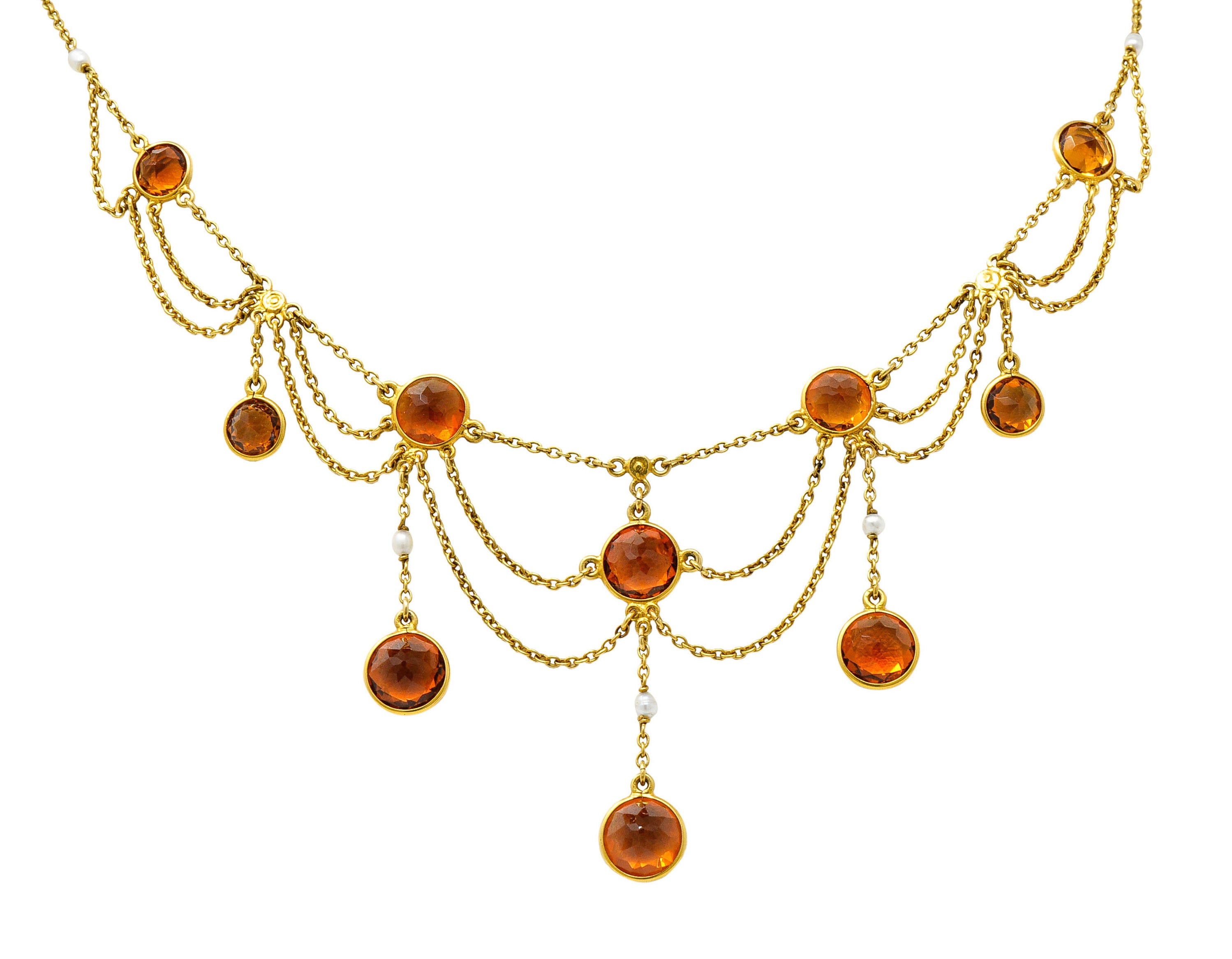 Art Nouveau Citrine Pearl 14 Karat Gold Swag Station NecklaceNecklace - Wilson's Estate Jewelry