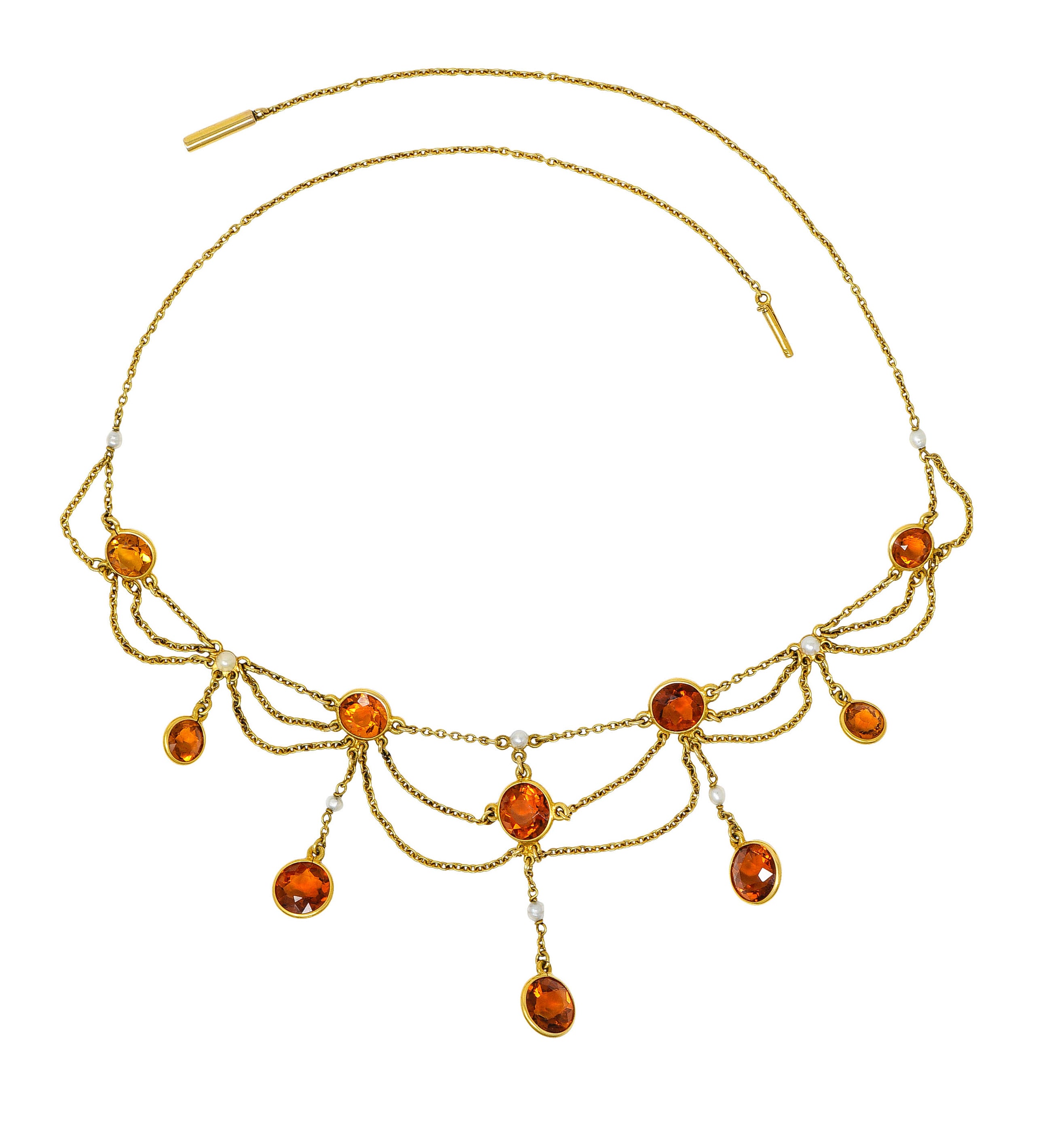 Art Nouveau Citrine Pearl 14 Karat Gold Swag Station NecklaceNecklace - Wilson's Estate Jewelry