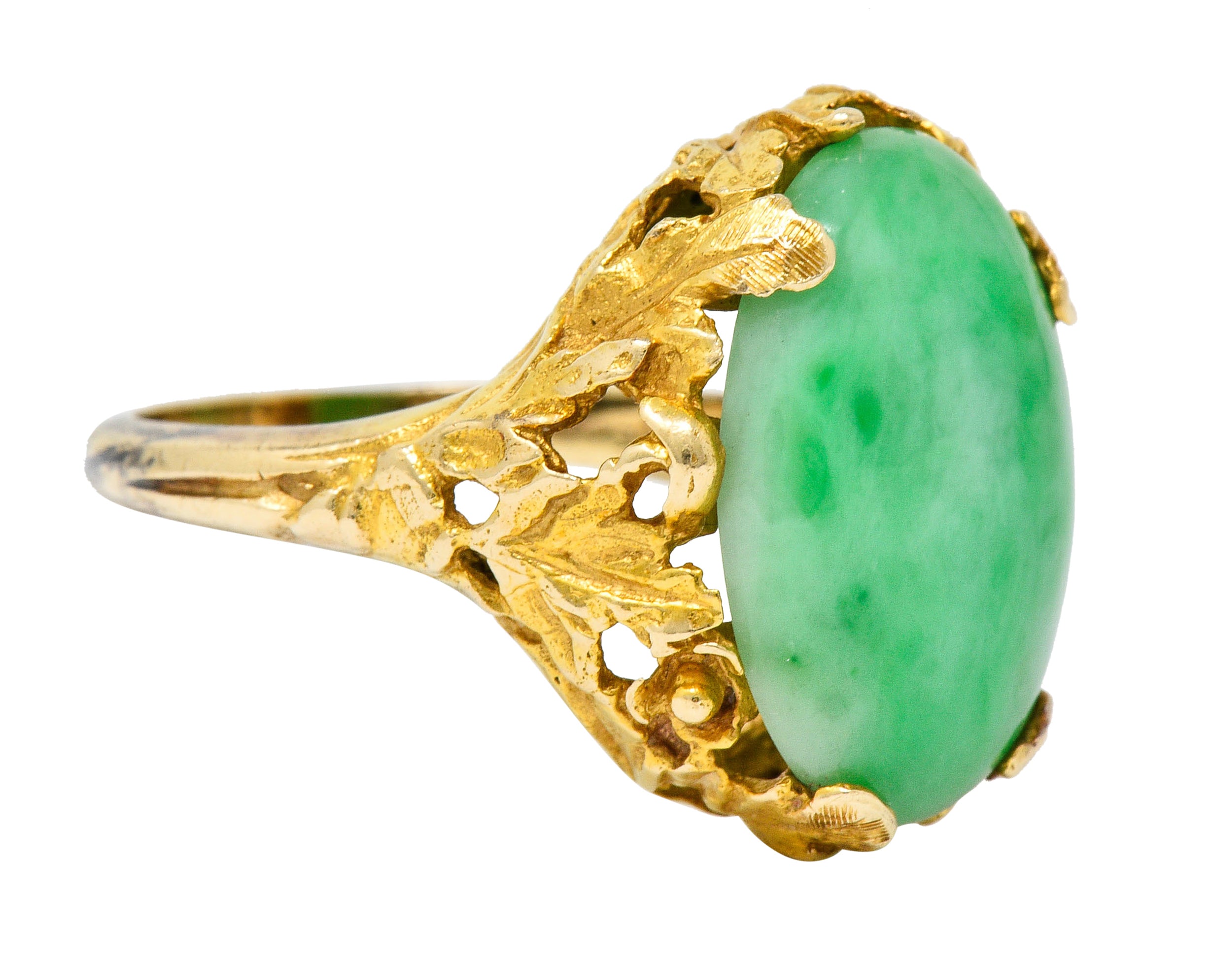 Arts & Crafts Jade 14 Karat Gold Floral & Foliate RingRing - Wilson's Estate Jewelry