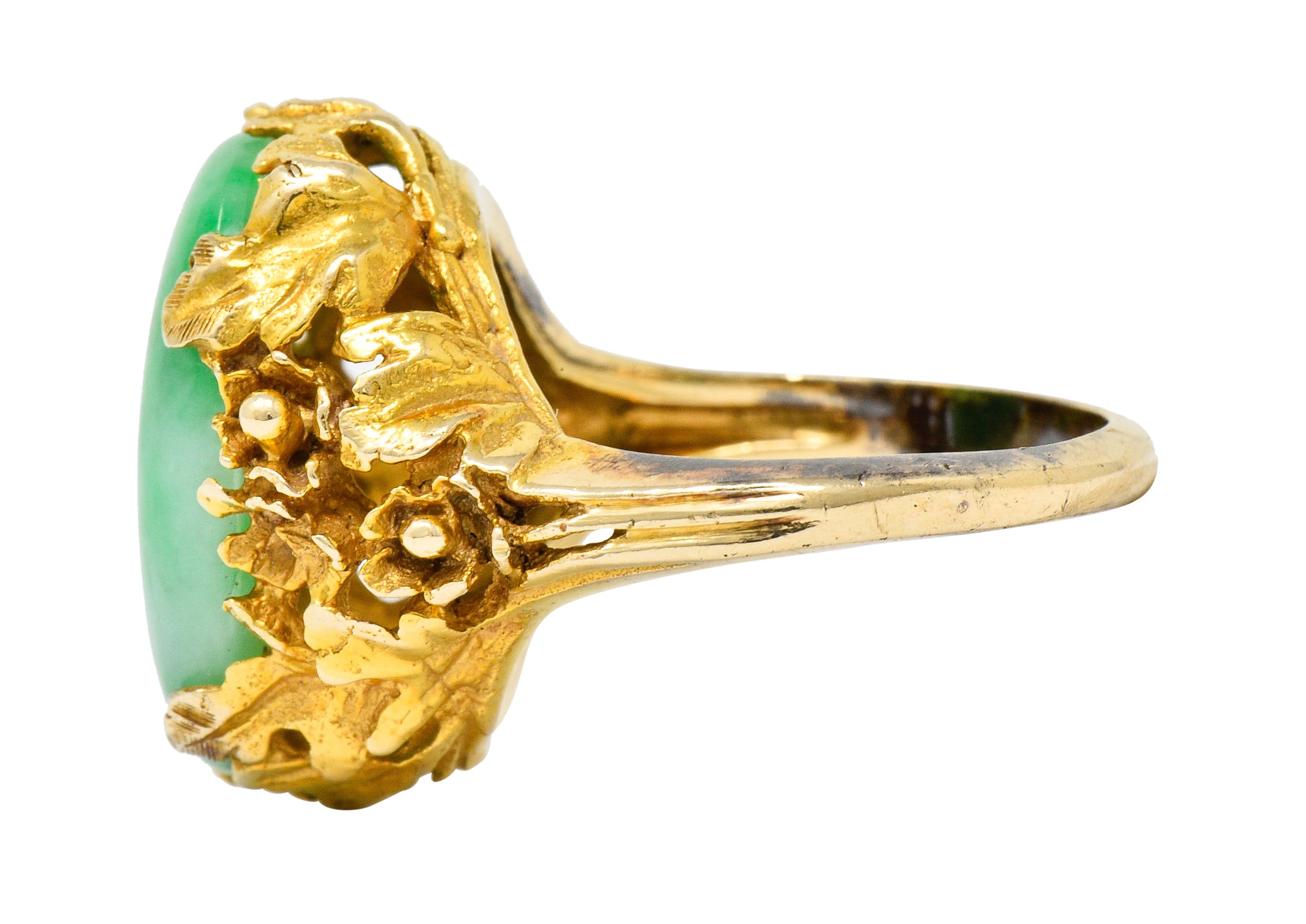 Arts & Crafts Jade 14 Karat Gold Floral & Foliate RingRing - Wilson's Estate Jewelry