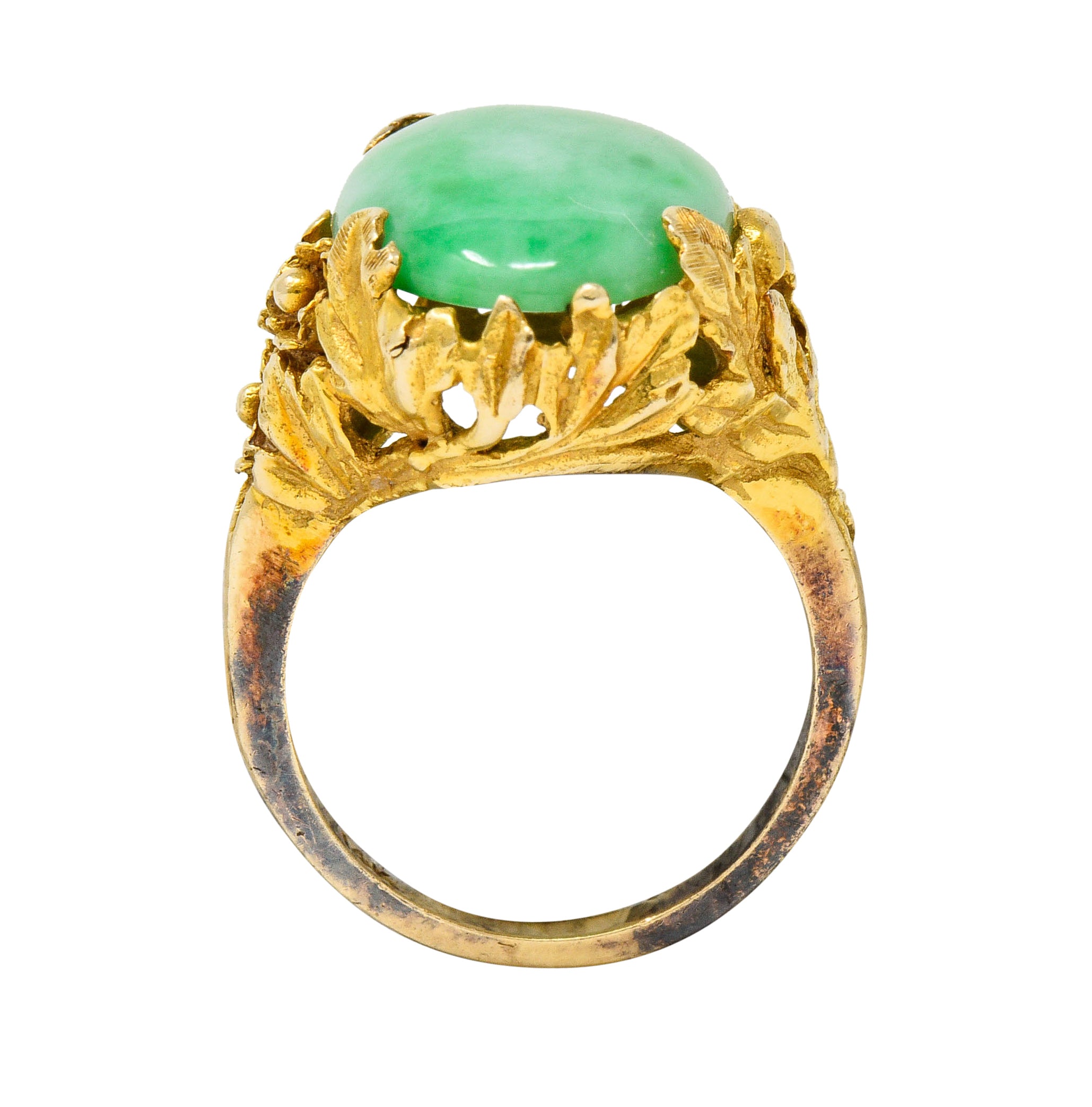 Arts & Crafts Jade 14 Karat Gold Floral & Foliate RingRing - Wilson's Estate Jewelry