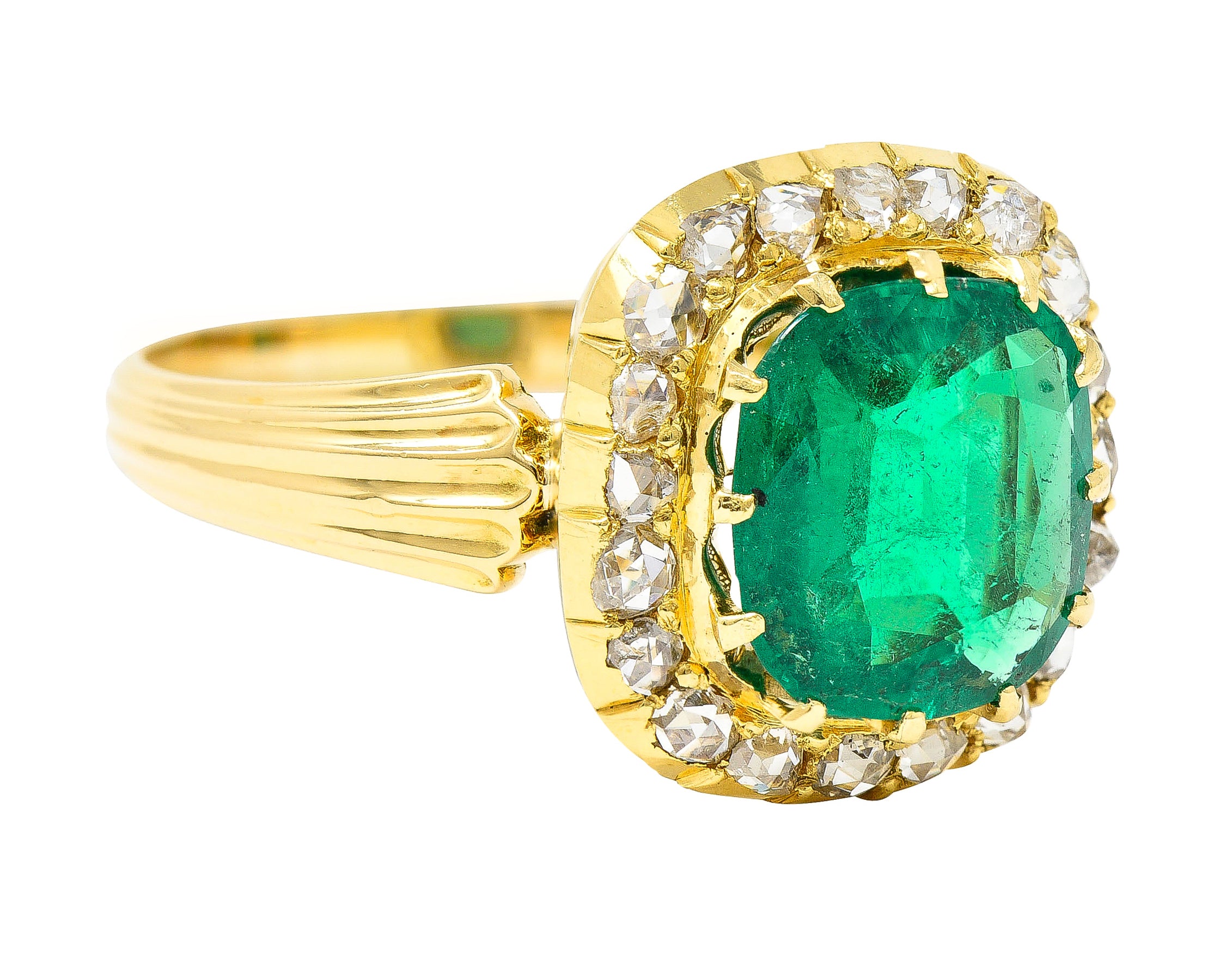 Victorian 2.78 CTW Cushion Cut Colombian Emerald Diamond 18 Karat Yellow Gold Antique Halo Ring AGL Wilson's Estate Jewelry