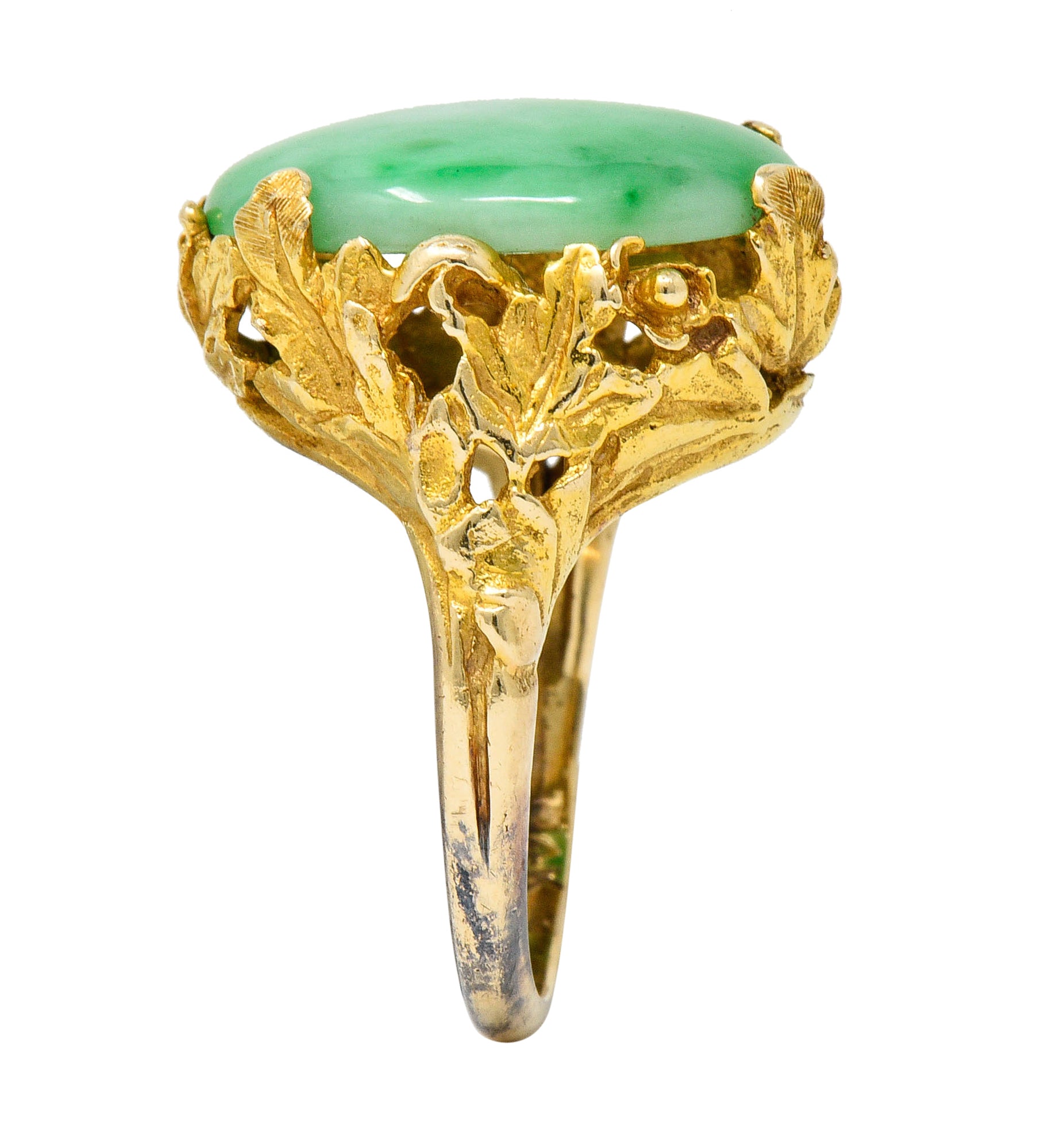 Arts & Crafts Jade 14 Karat Gold Floral & Foliate RingRing - Wilson's Estate Jewelry