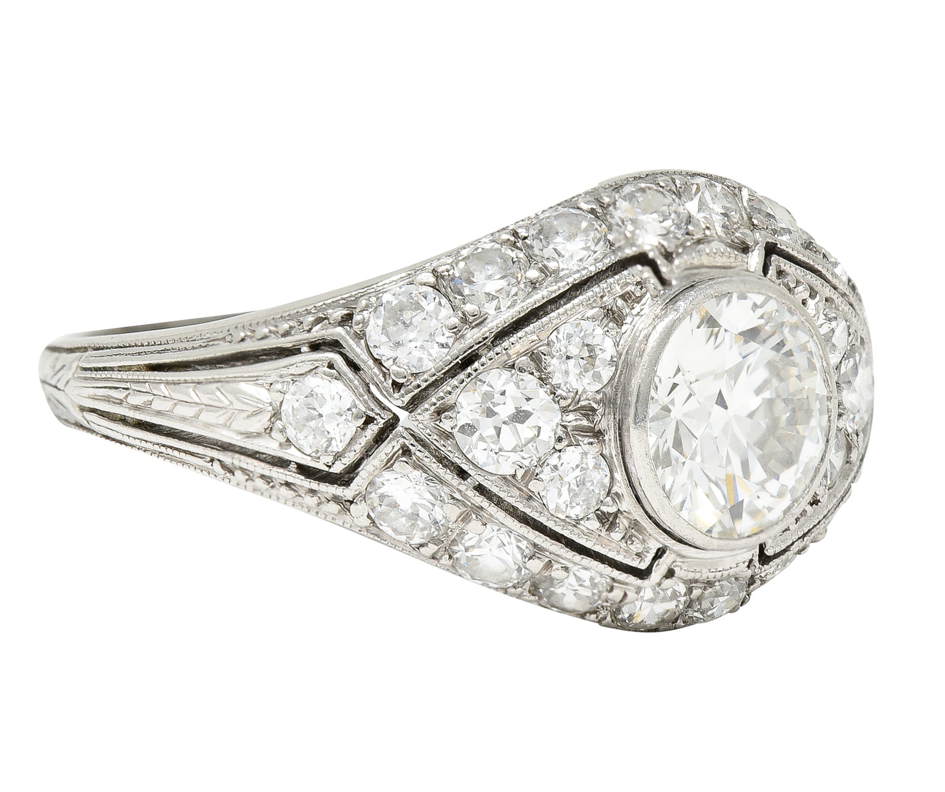 Marcus and Co. Art Deco 1.95 CTW Diamond Platinum Bombè Band Engagement Ring Wilson's Estate Jewelry