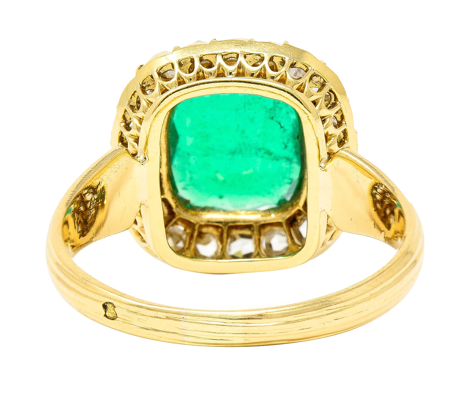 Victorian 2.78 CTW Cushion Cut Colombian Emerald Diamond 18 Karat Yellow Gold Antique Halo Ring AGL Wilson's Estate Jewelry