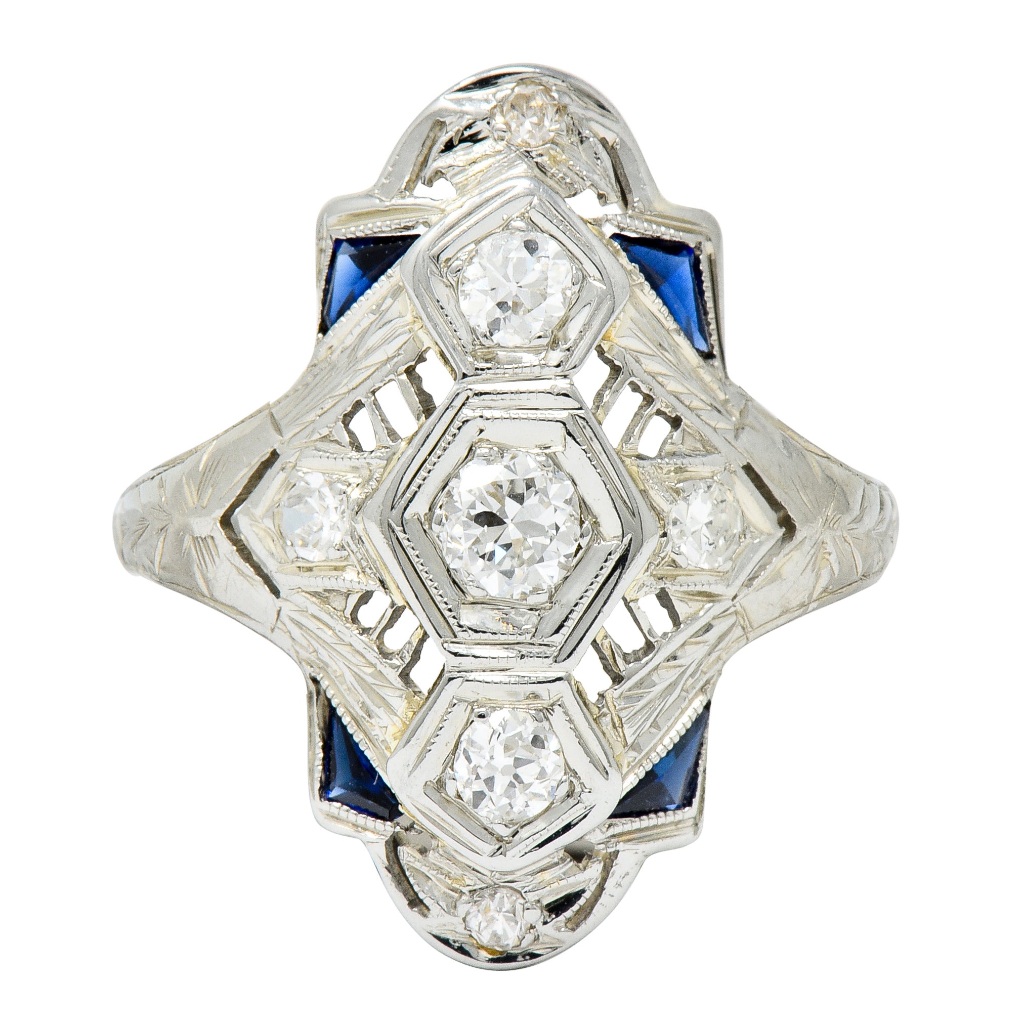 Art Deco 0.67 CTW Diamond Sapphire 18 Karat White Gold Dinner Ring - Wilson's Estate Jewelry