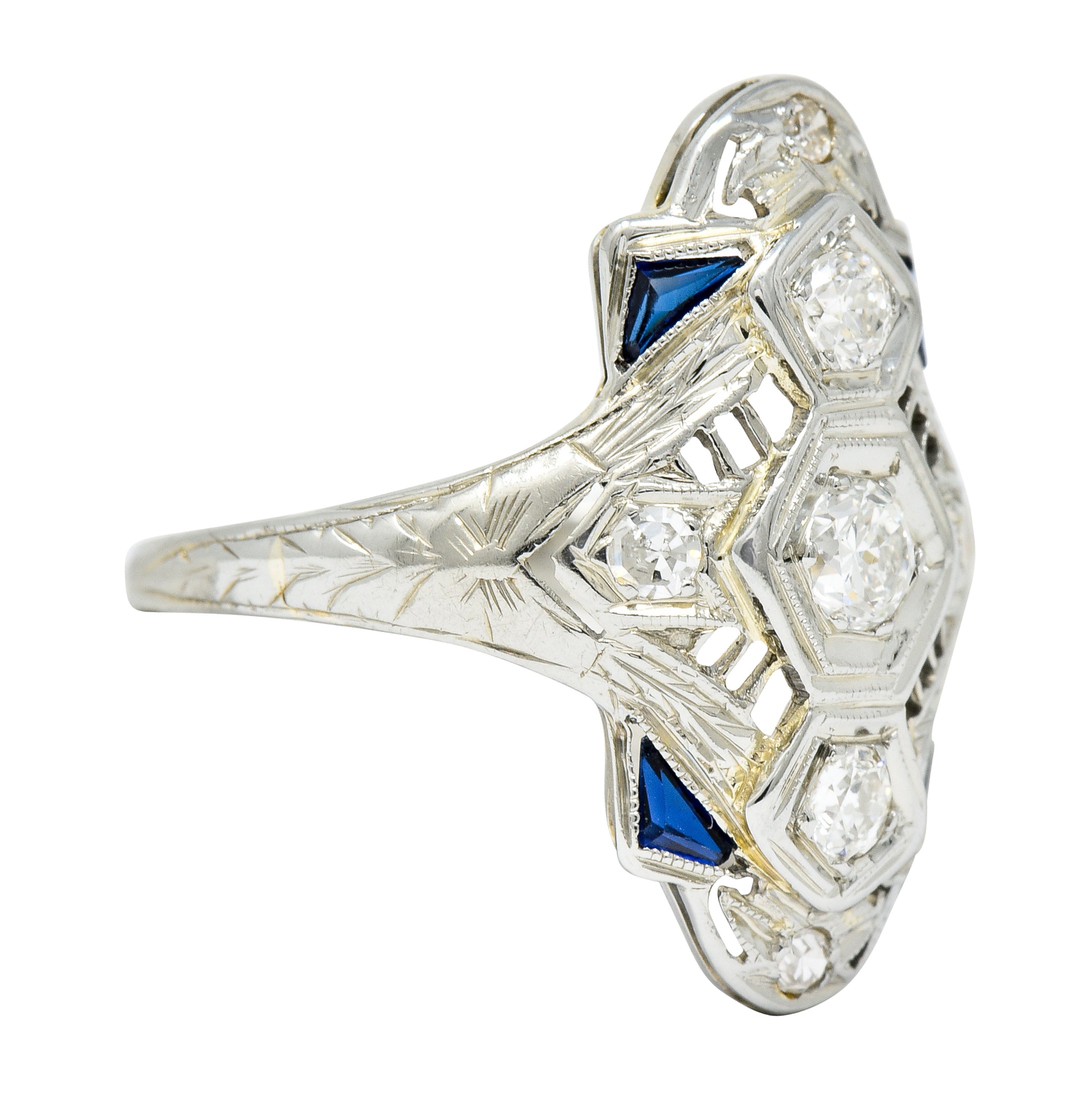 Art Deco 0.67 CTW Diamond Sapphire 18 Karat White Gold Dinner Ring - Wilson's Estate Jewelry