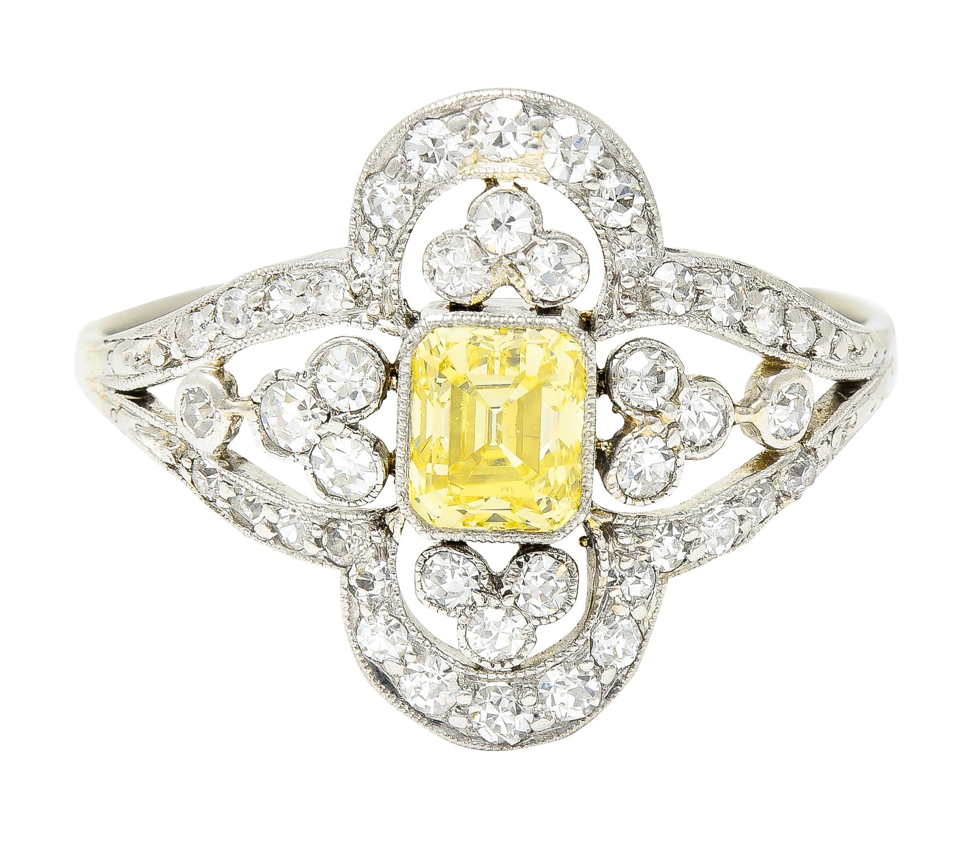 Edwardian 1.17 CTW Emerald Cut Fancy Yellow Diamond Platinum Quatrefoil Antique Dinner Ring Wilson's Estate Jewelry