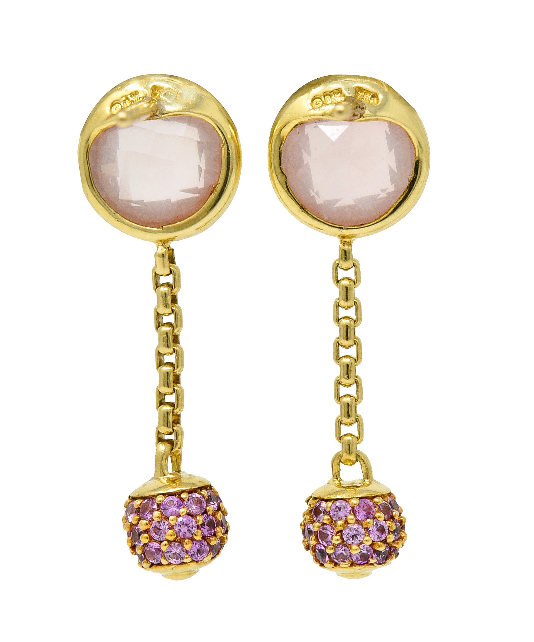 David Yurman Rose Quartz Pink Sapphire 18 Karat Gold Solari Pave Ball Drop EarringsEarrings - Wilson's Estate Jewelry