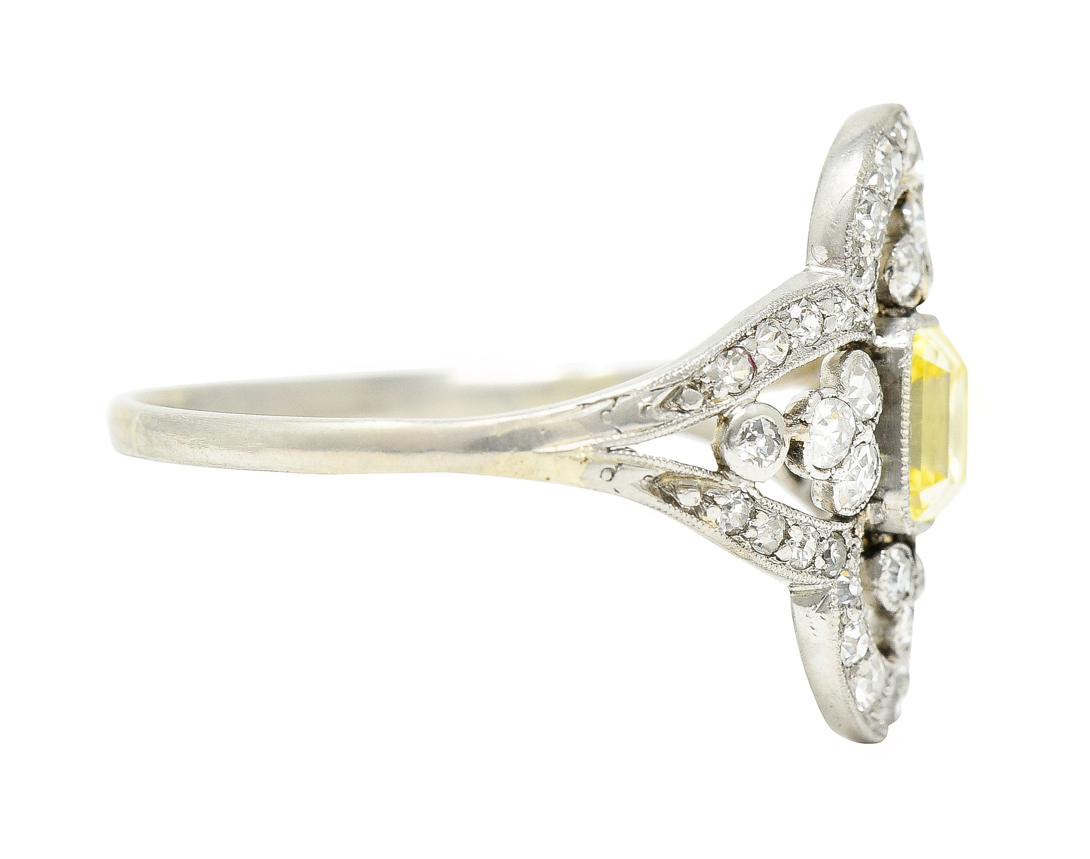 Edwardian 1.17 CTW Emerald Cut Fancy Yellow Diamond Platinum Quatrefoil Antique Dinner Ring Wilson's Estate Jewelry