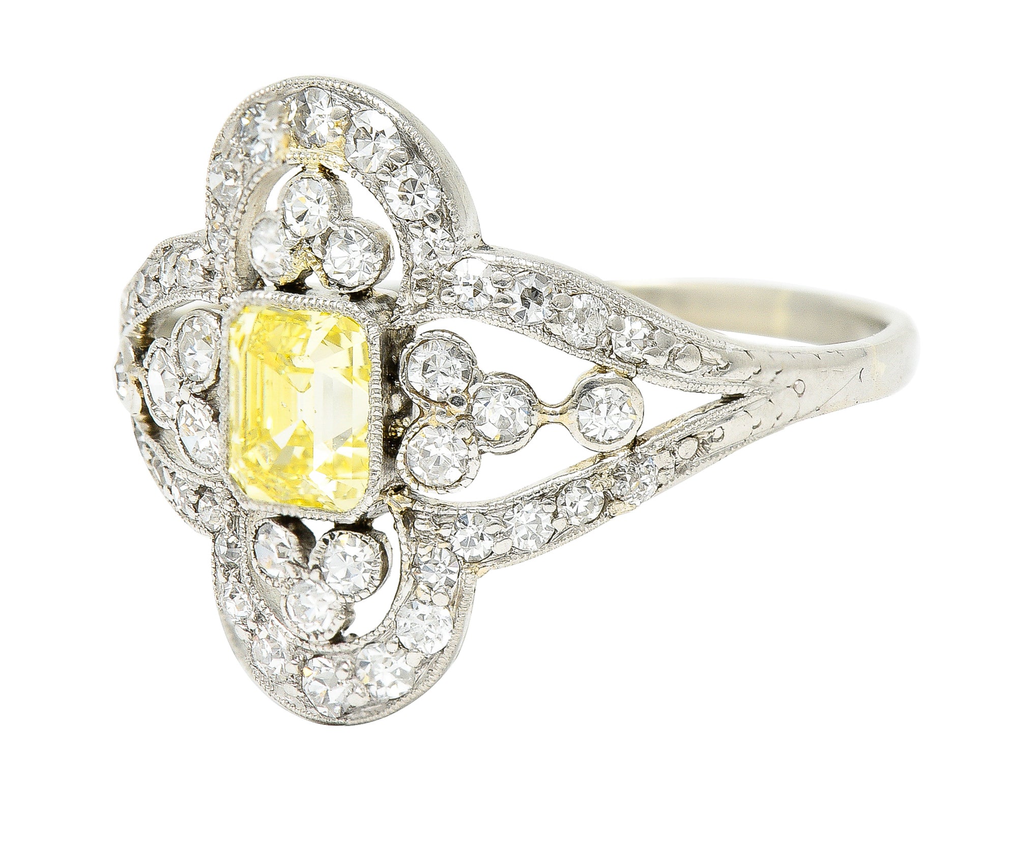 Edwardian 1.17 CTW Emerald Cut Fancy Yellow Diamond Platinum Quatrefoil Antique Dinner Ring Wilson's Estate Jewelry