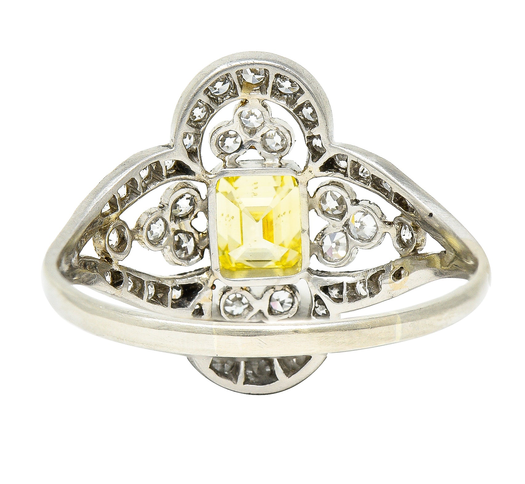 Edwardian 1.17 CTW Emerald Cut Fancy Yellow Diamond Platinum Quatrefoil Antique Dinner Ring Wilson's Estate Jewelry