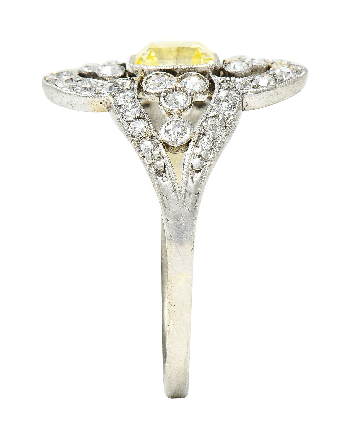 Edwardian 1.17 CTW Emerald Cut Fancy Yellow Diamond Platinum Quatrefoil Antique Dinner Ring Wilson's Estate Jewelry