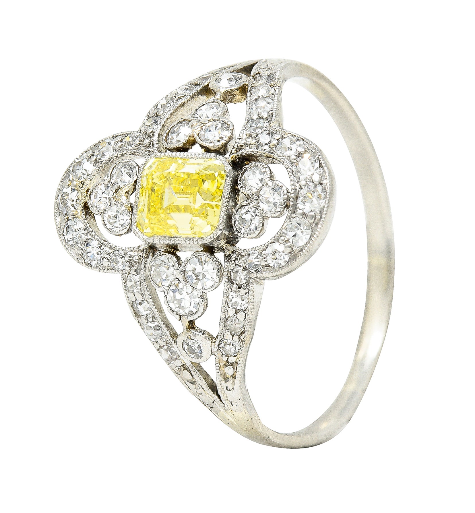 Edwardian 1.17 CTW Emerald Cut Fancy Yellow Diamond Platinum Quatrefoil Antique Dinner Ring Wilson's Estate Jewelry