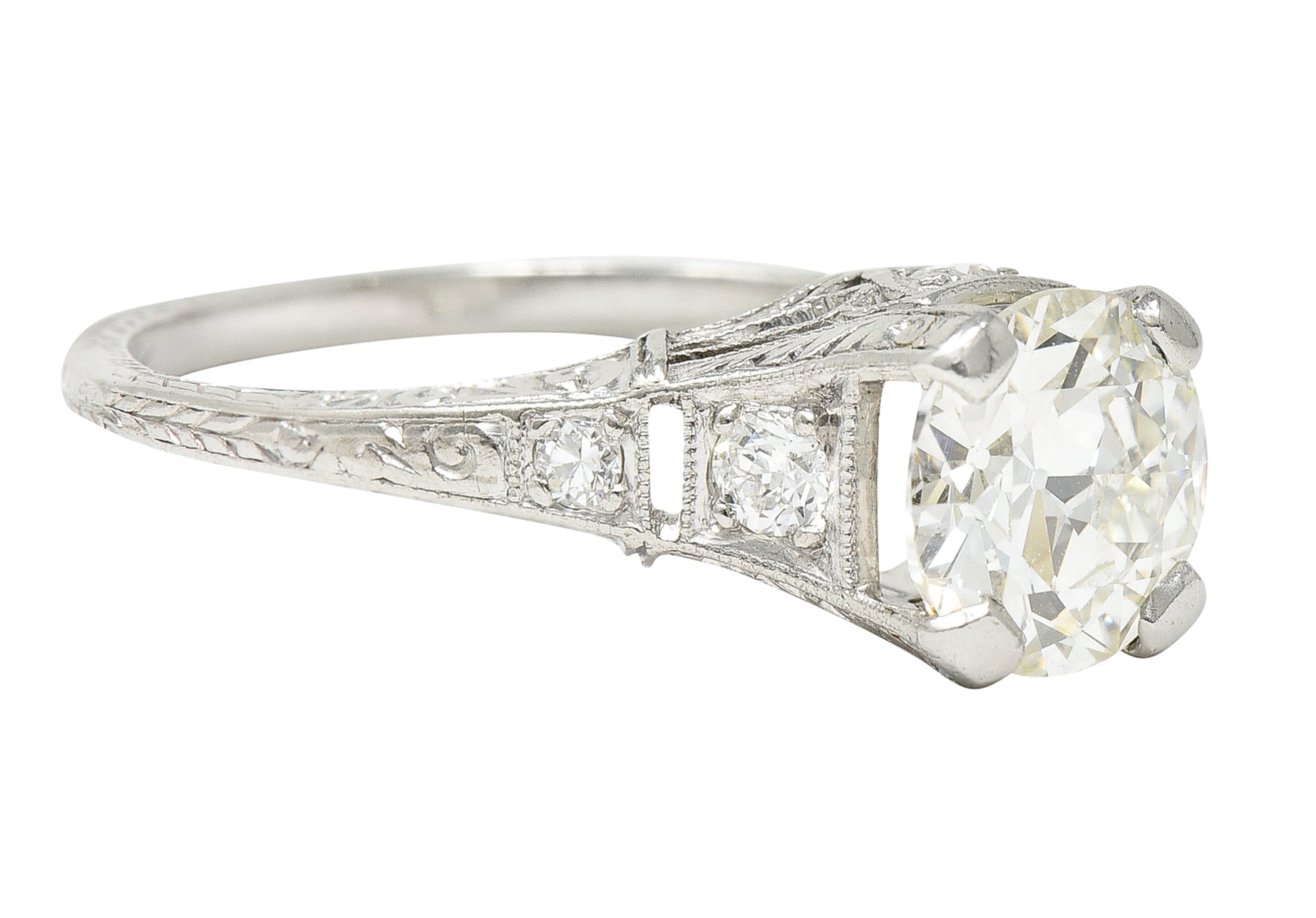 Early Art Deco 1.81 CTW Diamond Platinum Scrolling Lotus Engagement Ring Wilson's Estate Jewelry