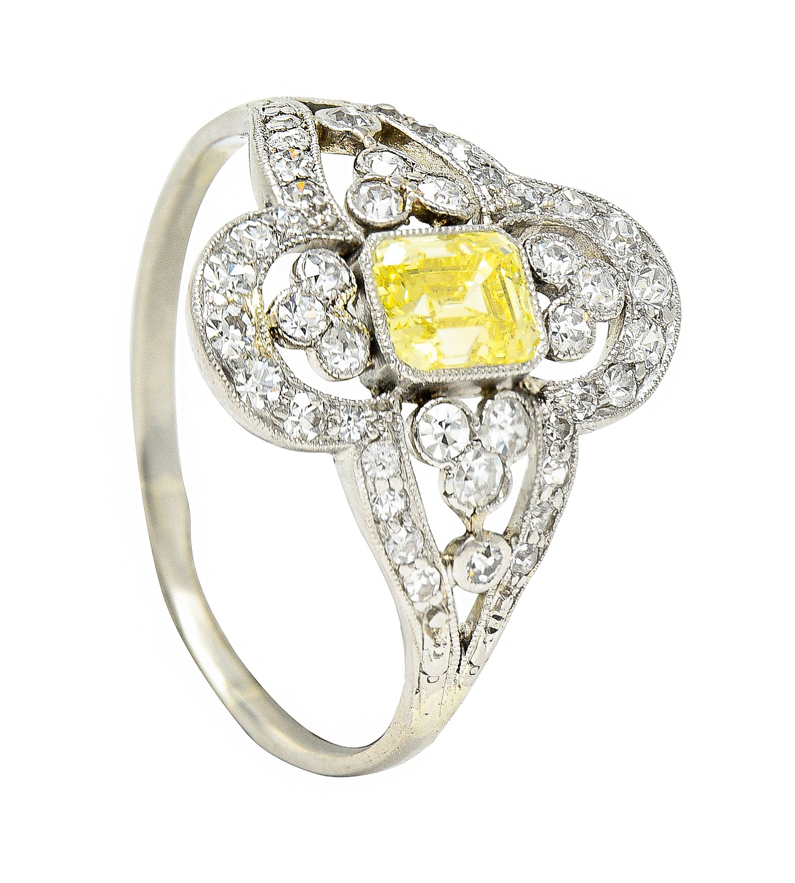 Edwardian 1.17 CTW Emerald Cut Fancy Yellow Diamond Platinum Quatrefoil Antique Dinner Ring Wilson's Estate Jewelry