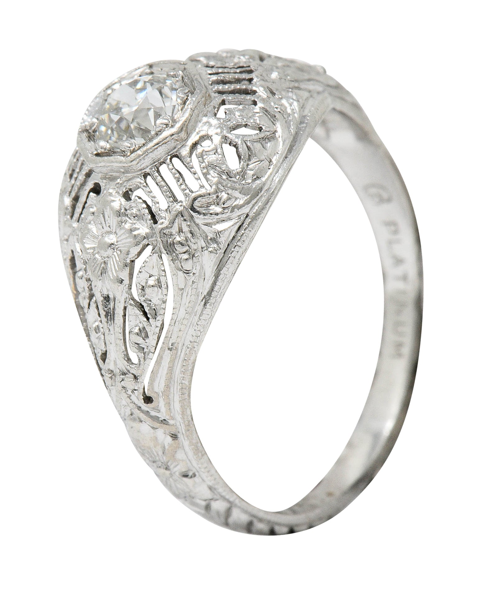 Edwardian Diamond Platinum Floral Engagement RingRing - Wilson's Estate Jewelry