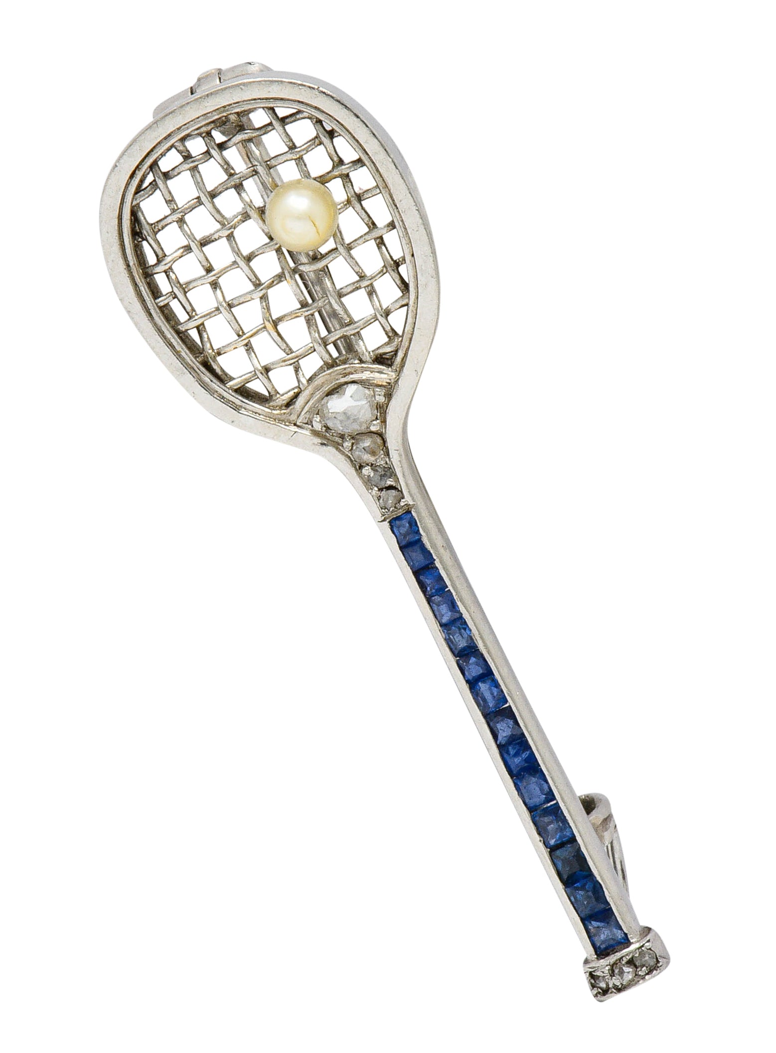 Edwardian Sapphire Diamond Pearl Platinum Tennis Racket BroochBrooch - Wilson's Estate Jewelry