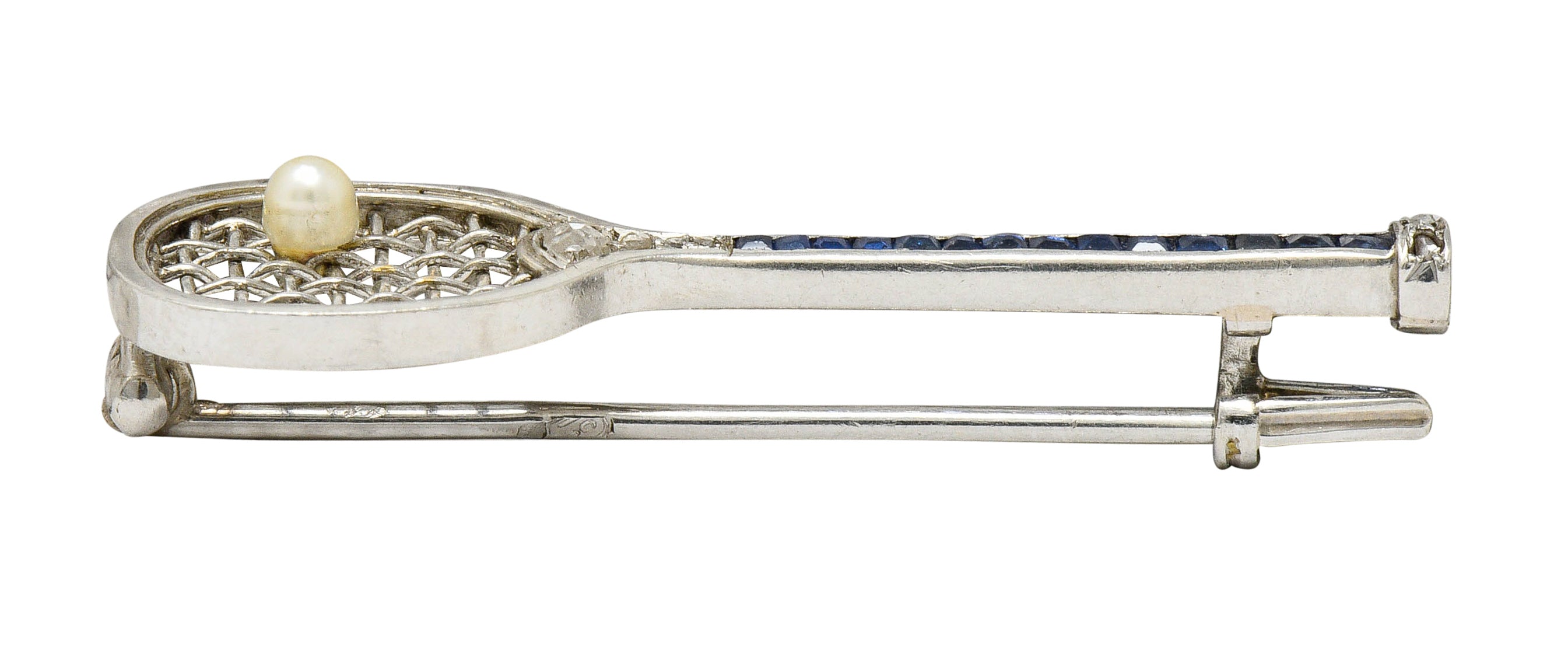 Edwardian Sapphire Diamond Pearl Platinum Tennis Racket BroochBrooch - Wilson's Estate Jewelry