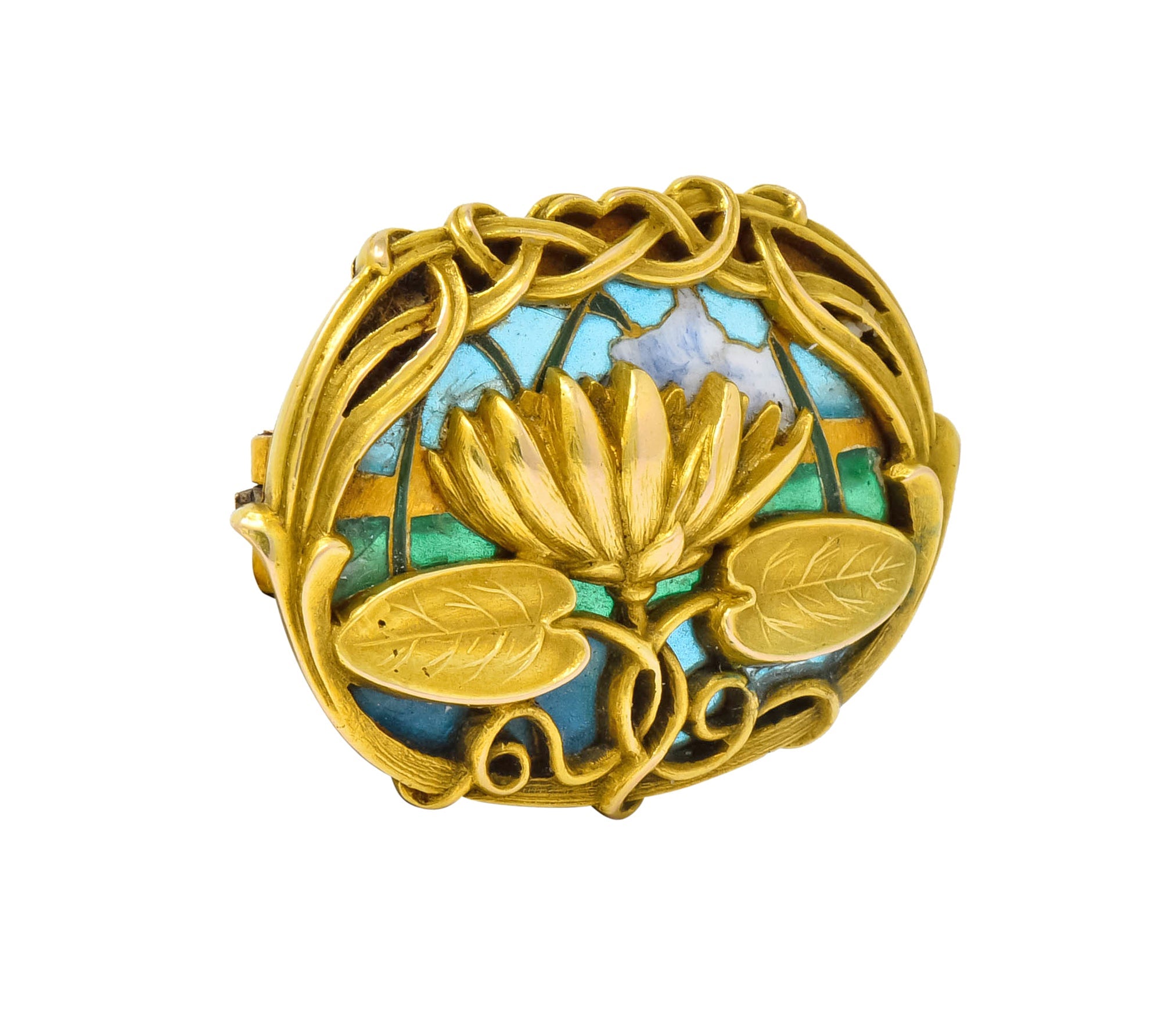 Riker Brothers Art Nouveau Enamel 14 Karat Gold Lotus Lilypad Brooch - Wilson's Estate Jewelry