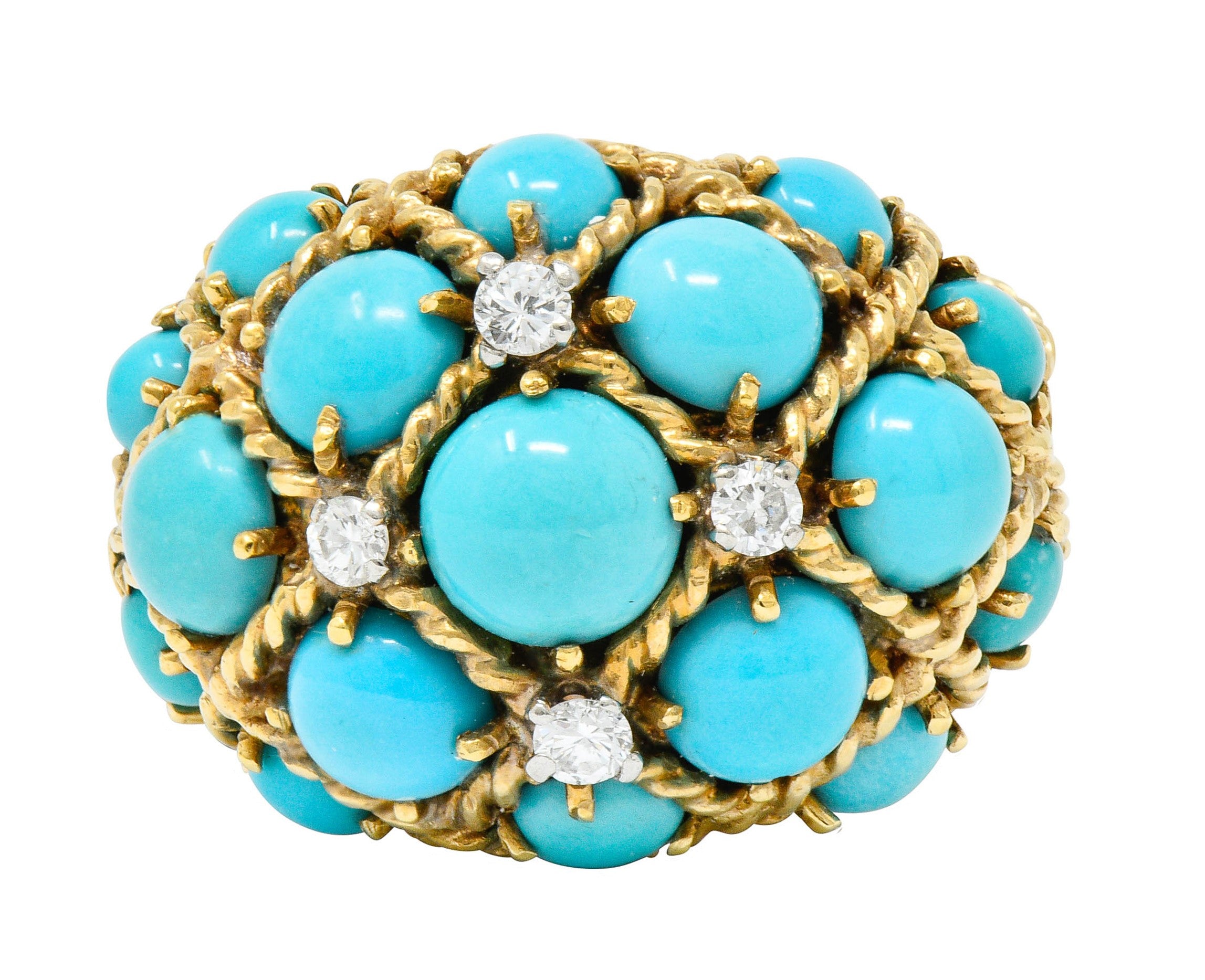 Vintage Turquoise Diamond 14 Karat Gold Cluster Bombe Band RingRing - Wilson's Estate Jewelry