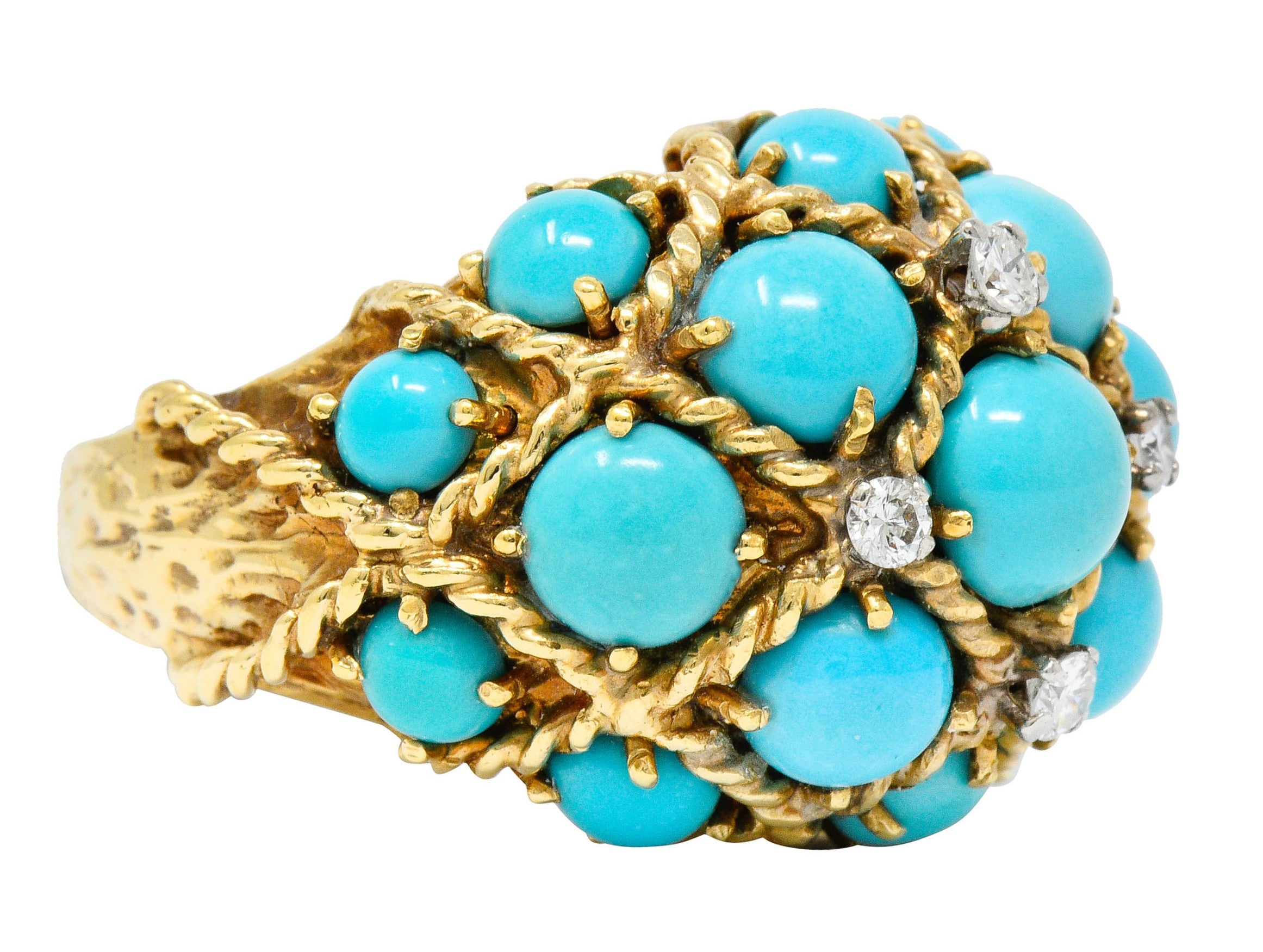 Vintage Turquoise Diamond 14 Karat Gold Cluster Bombe Band RingRing - Wilson's Estate Jewelry