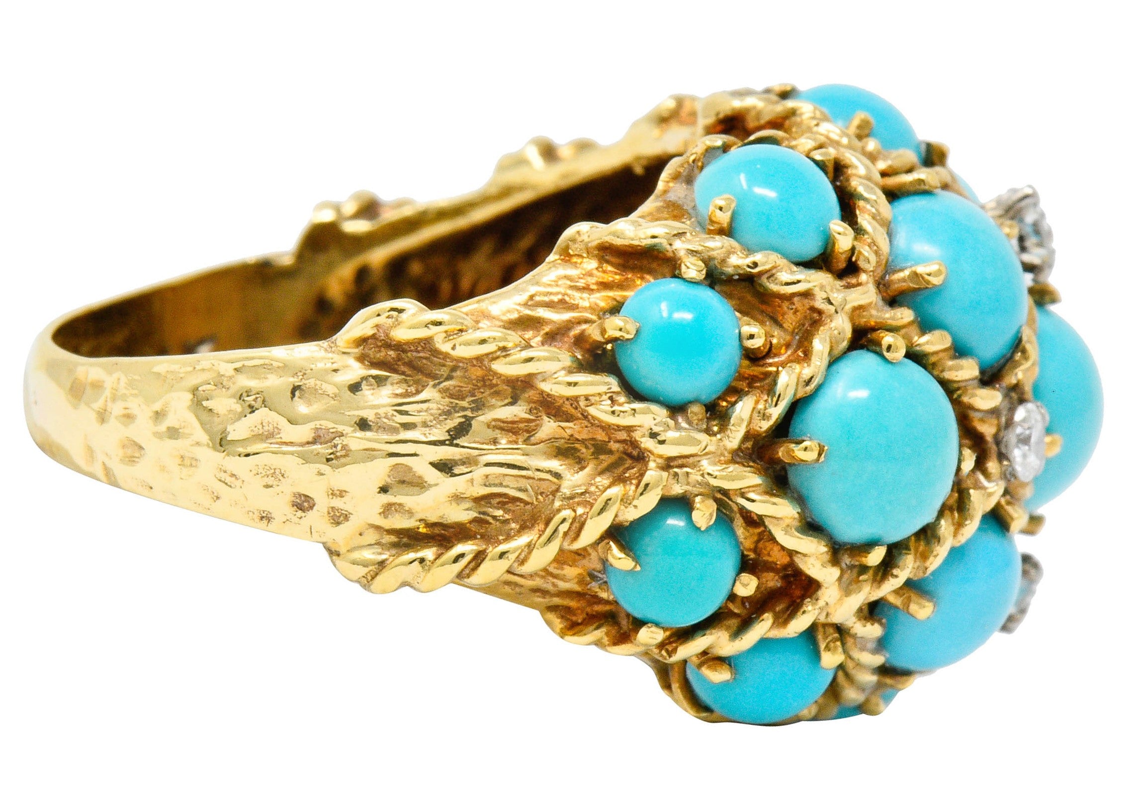 Vintage Turquoise Diamond 14 Karat Gold Cluster Bombe Band RingRing - Wilson's Estate Jewelry