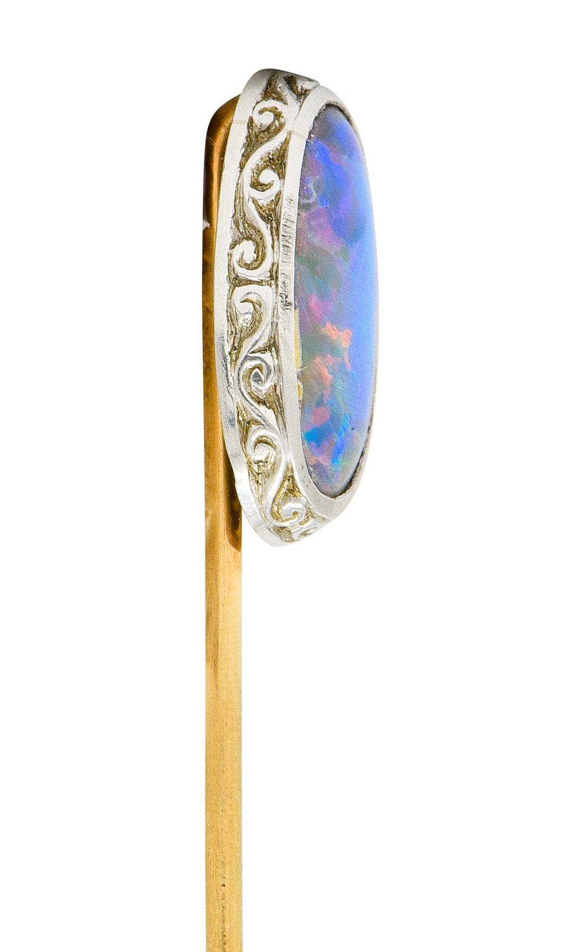 Edwardian Black Opal Platinum 14 Karat Gold Scrolled Stickpin - Wilson's Estate Jewelry