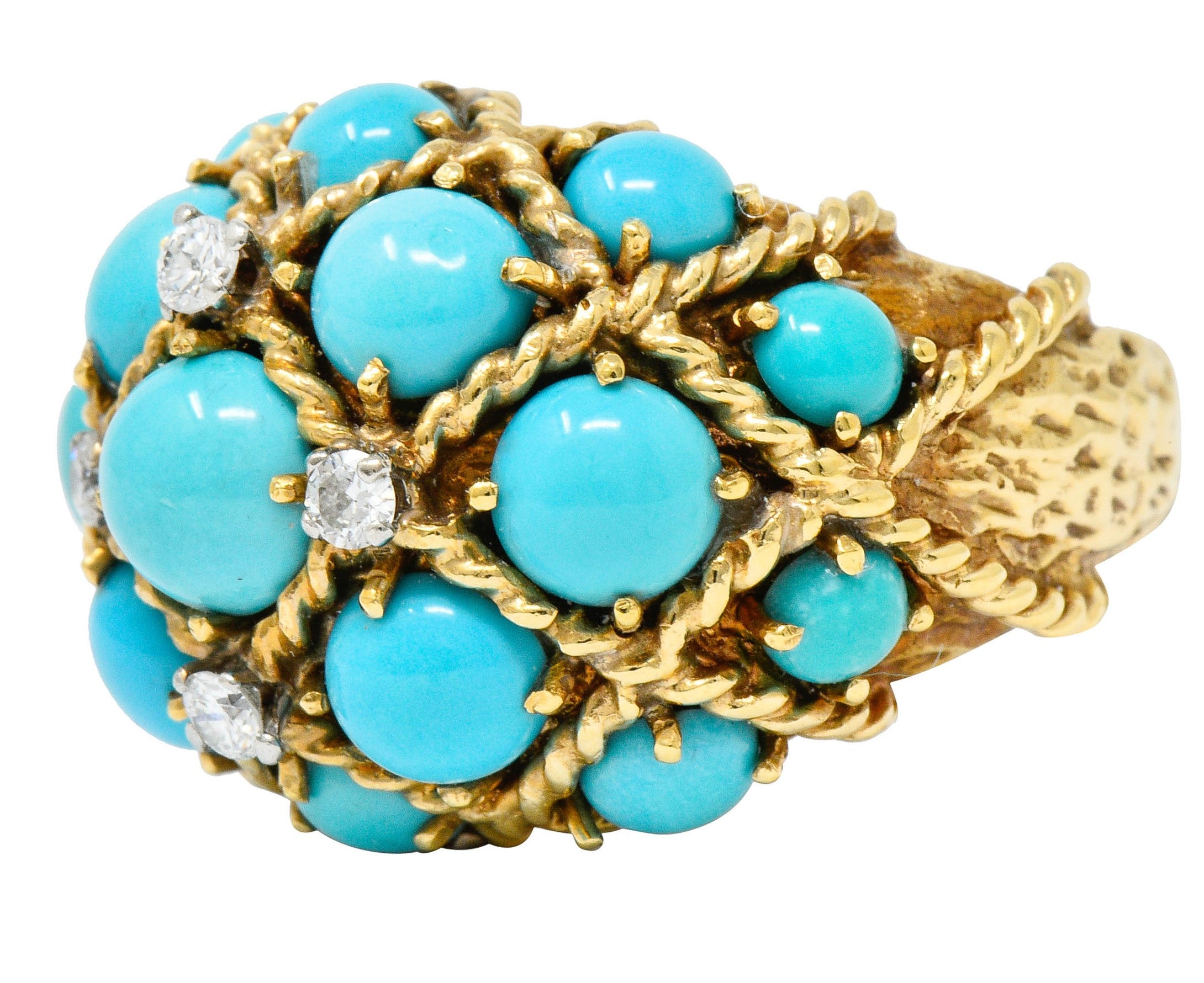 Vintage Turquoise Diamond 14 Karat Gold Cluster Bombe Band RingRing - Wilson's Estate Jewelry