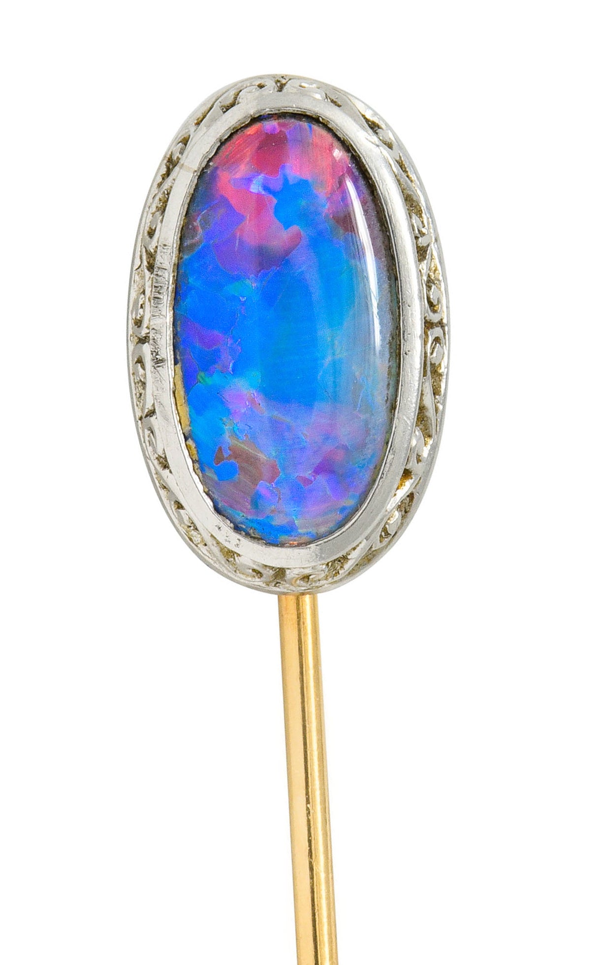 Edwardian Black Opal Platinum 14 Karat Gold Scrolled Stickpin - Wilson's Estate Jewelry