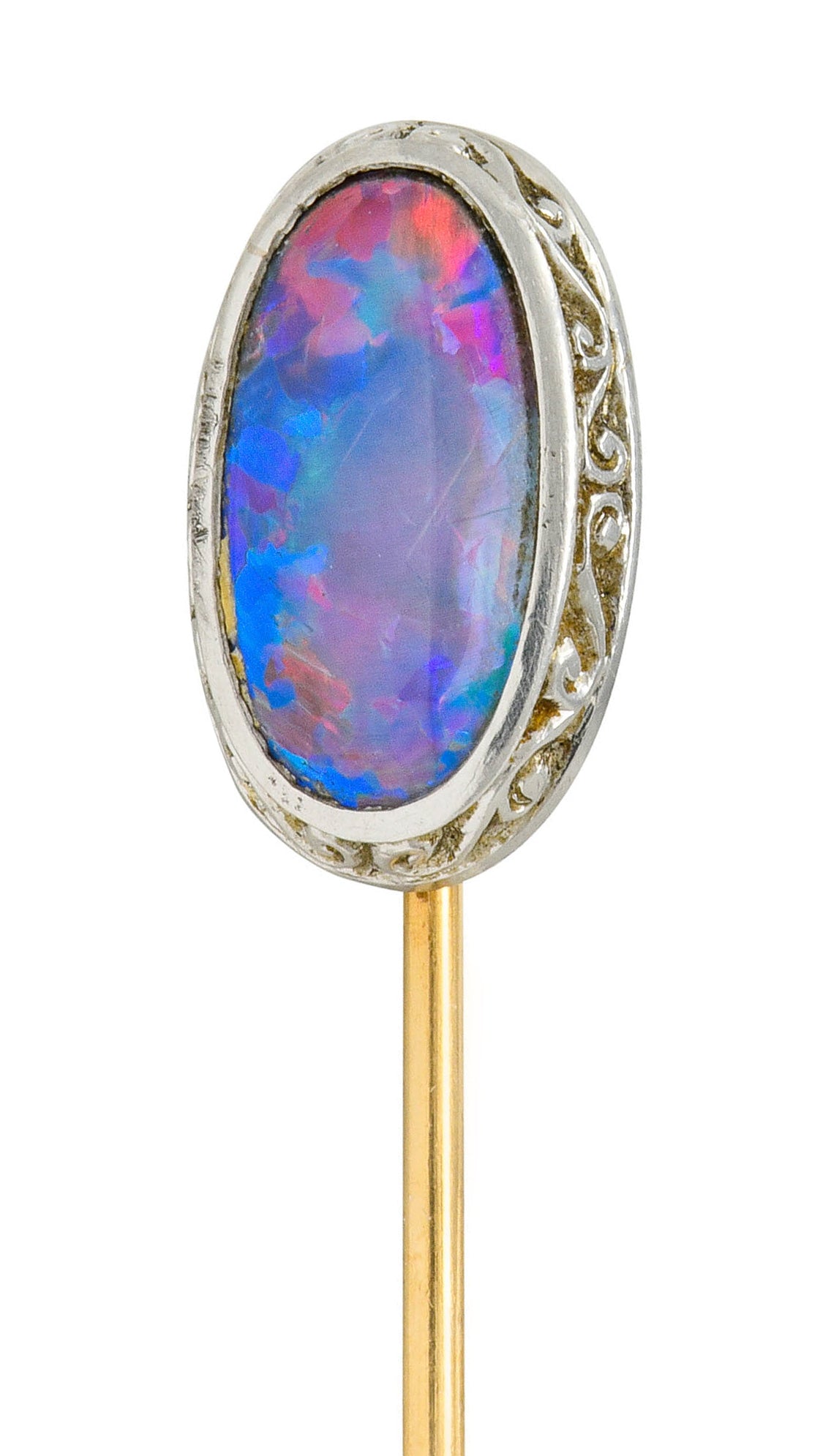 Edwardian Black Opal Platinum 14 Karat Gold Scrolled Stickpin - Wilson's Estate Jewelry