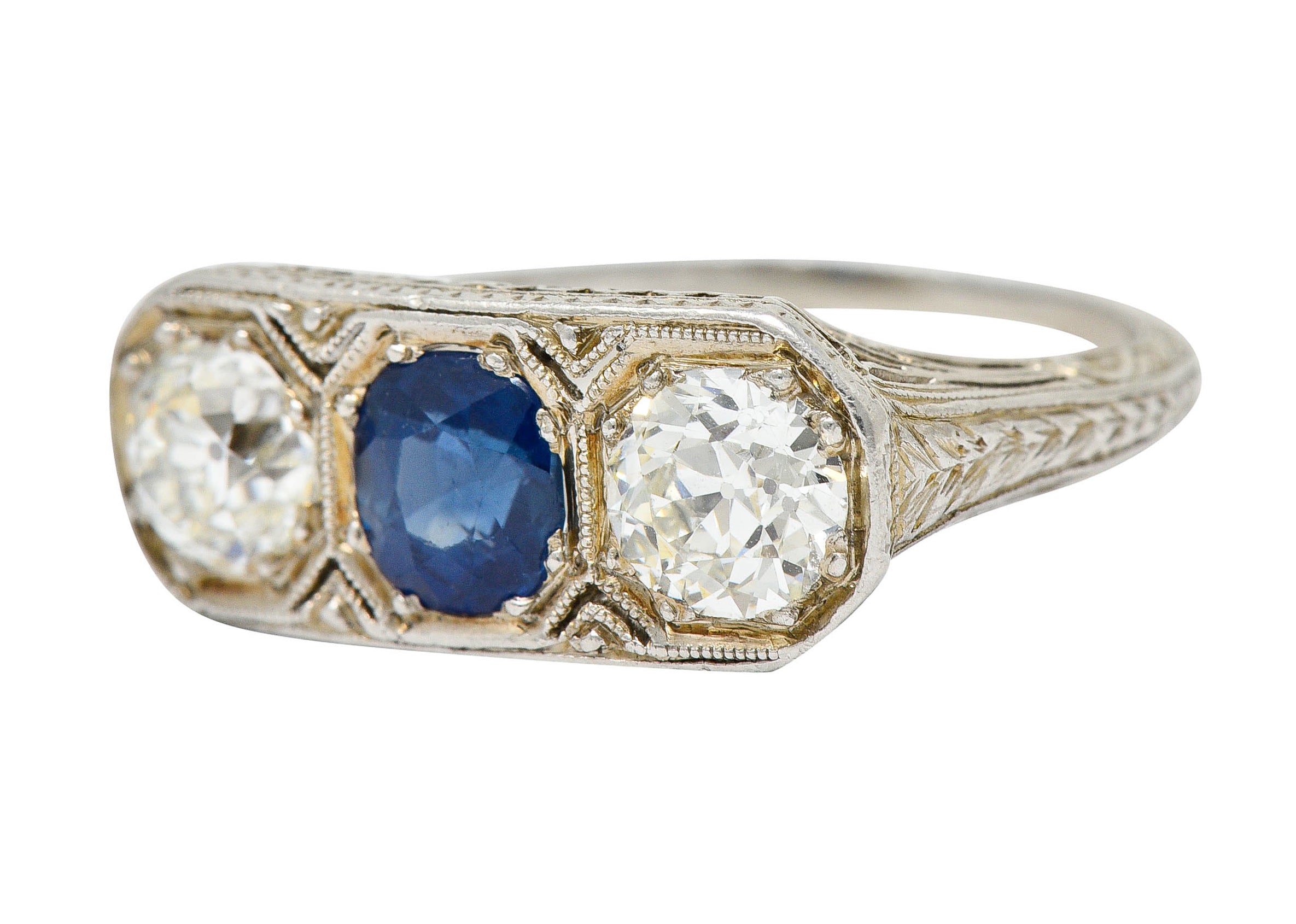 Edwardian 2.30 CTW No Heat Sapphire Diamond Platinum Heart Band Ring GIARing - Wilson's Estate Jewelry