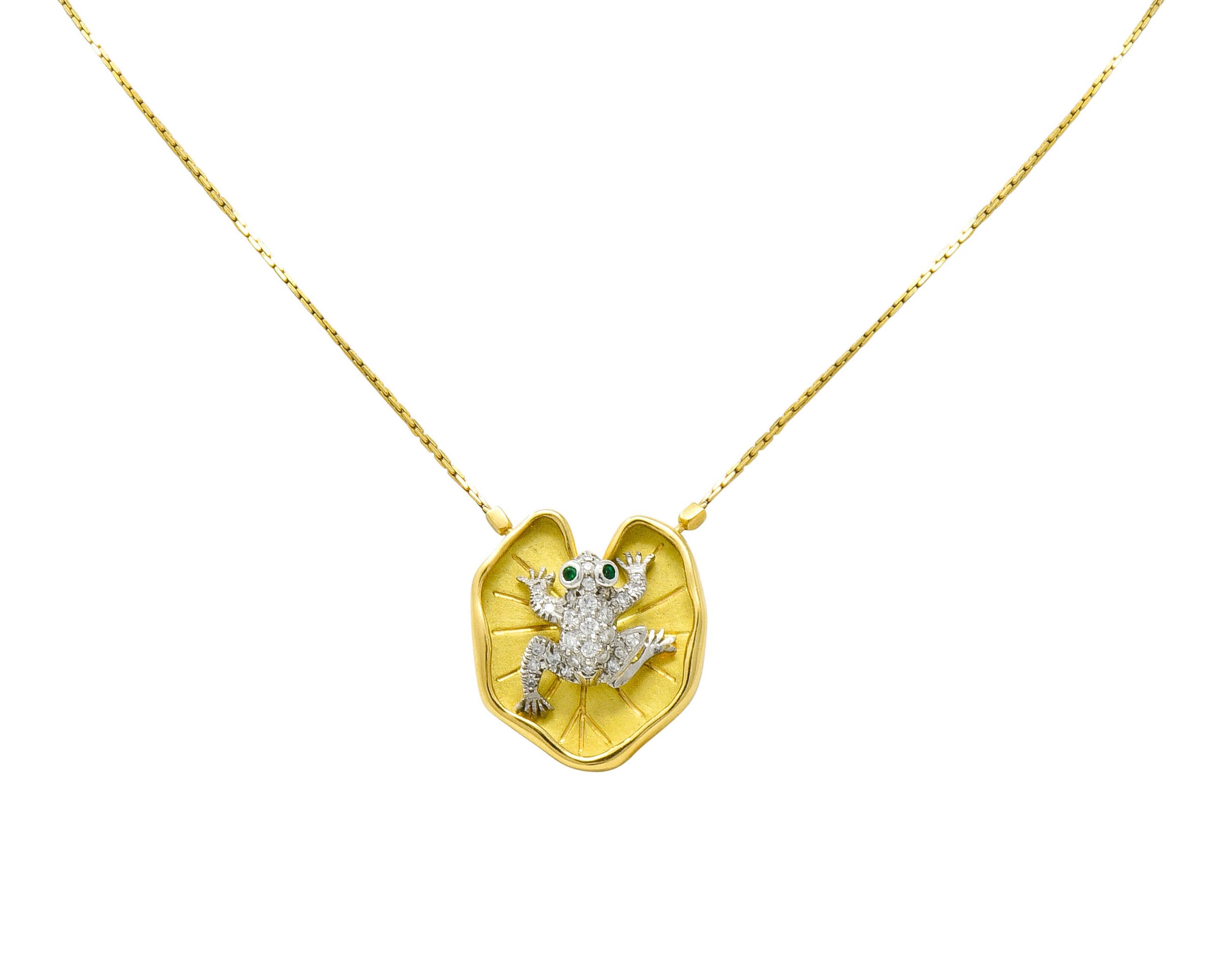 McTeigue Diamond Emerald Platinum 18 Karat Gold Lily Pad Frog Necklace - Wilson's Estate Jewelry