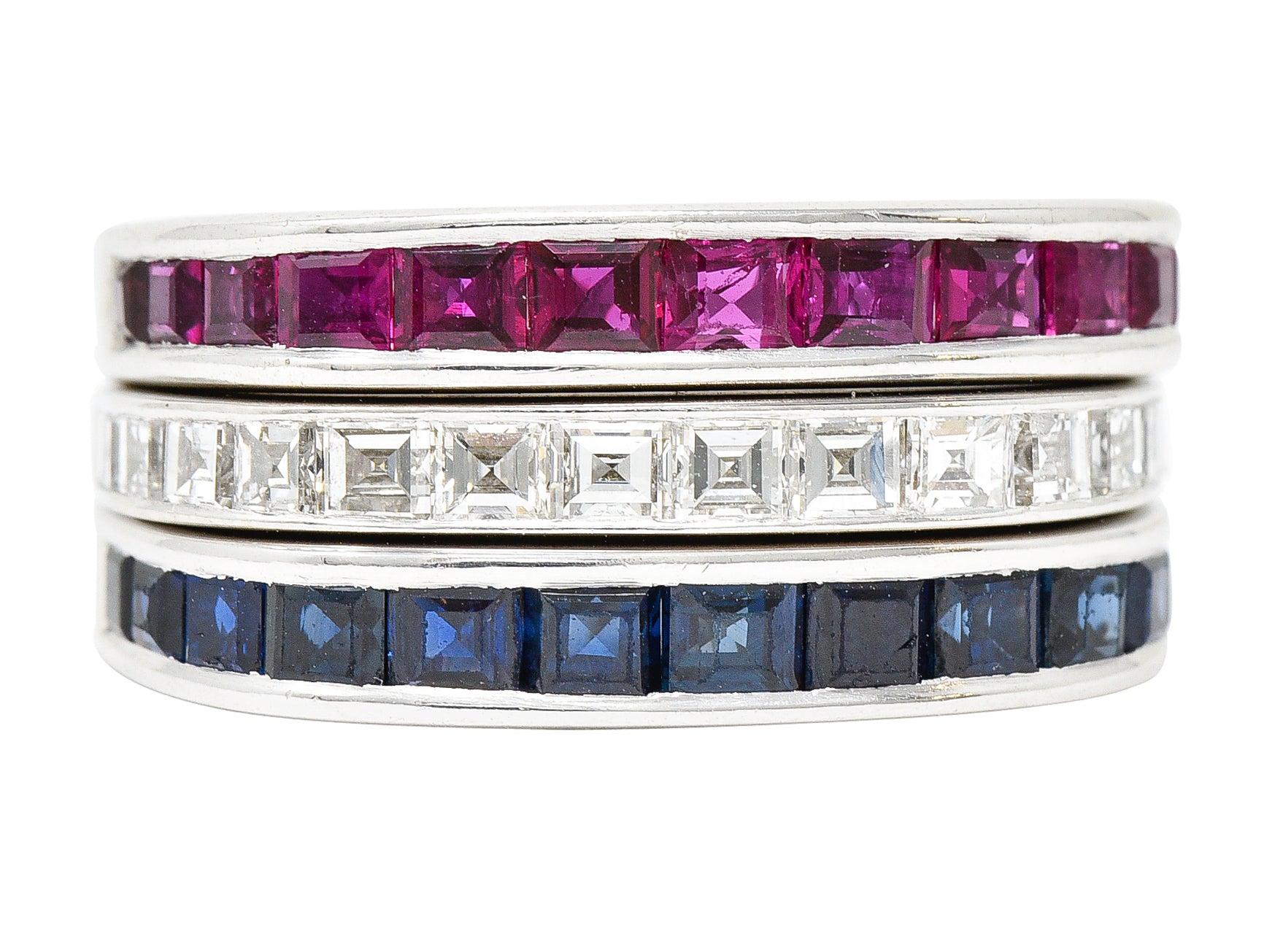 1950's Mid-Century 2.80 CTW Sapphire Ruby Diamond 18 Karat White Gold Three Channel Band Vintage Rings Wilson's Estate Jewelry