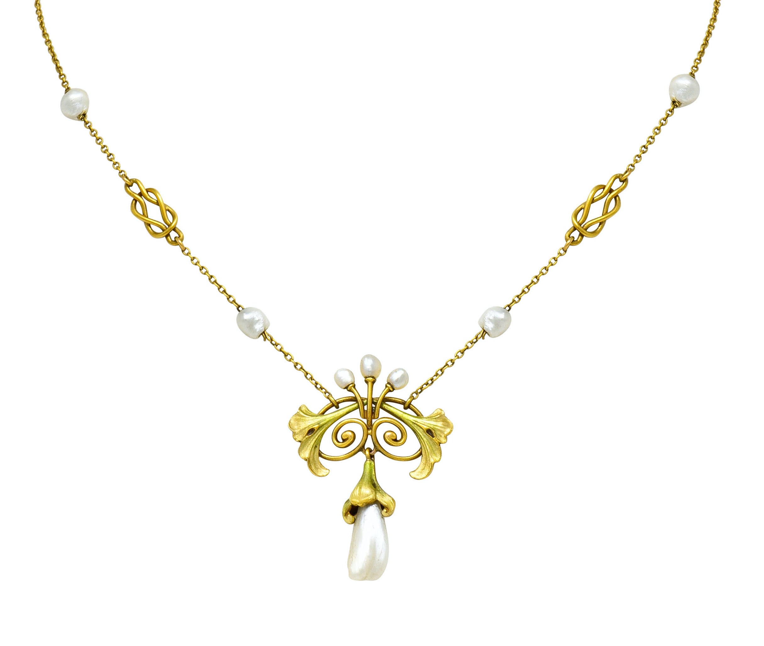 Bippart & Co. Art Nouveau Baroque Pearl Enamel 14 Karat Gold Drop Necklace - Wilson's Estate Jewelry