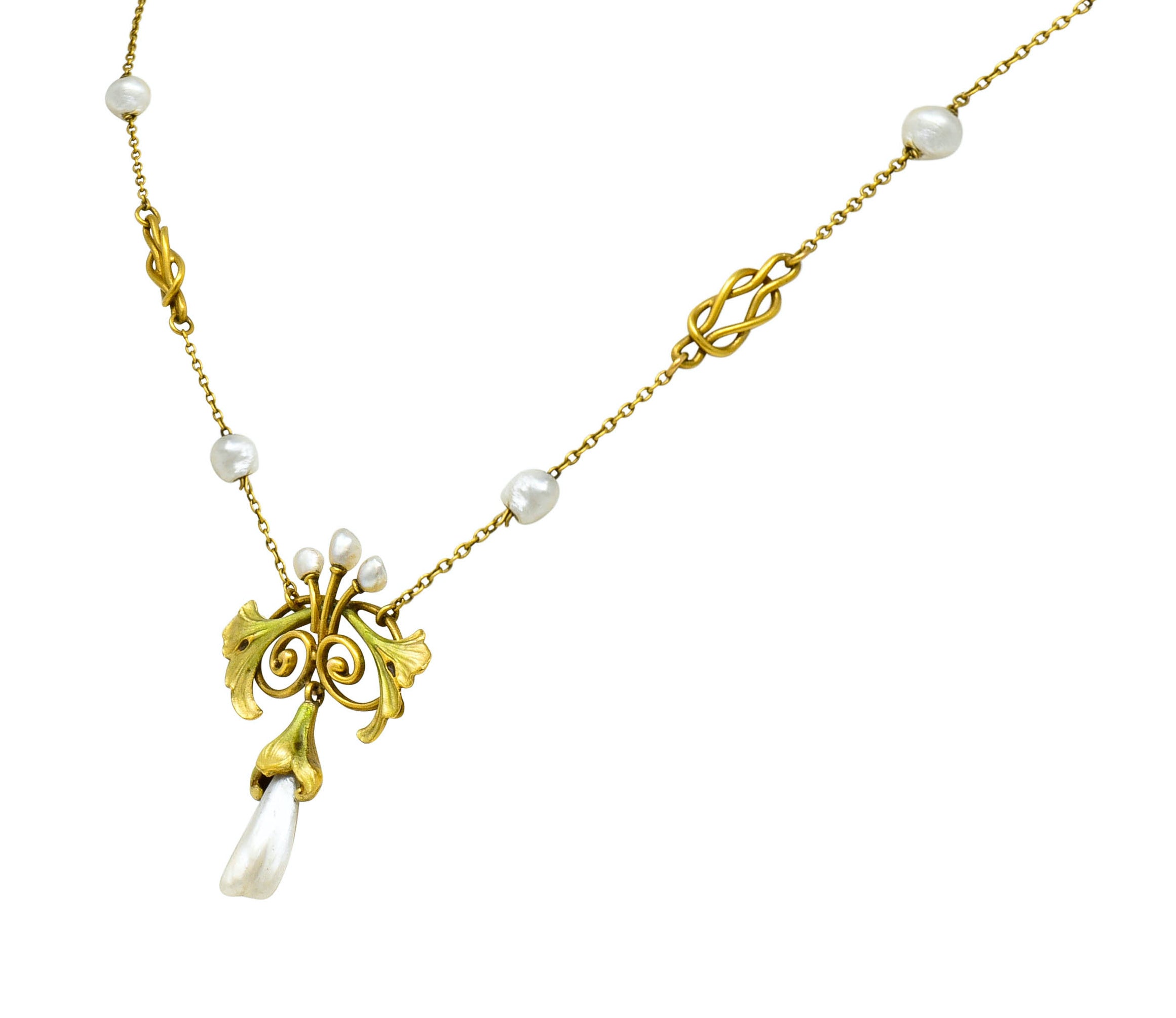 Bippart & Co. Art Nouveau Baroque Pearl Enamel 14 Karat Gold Drop Necklace - Wilson's Estate Jewelry