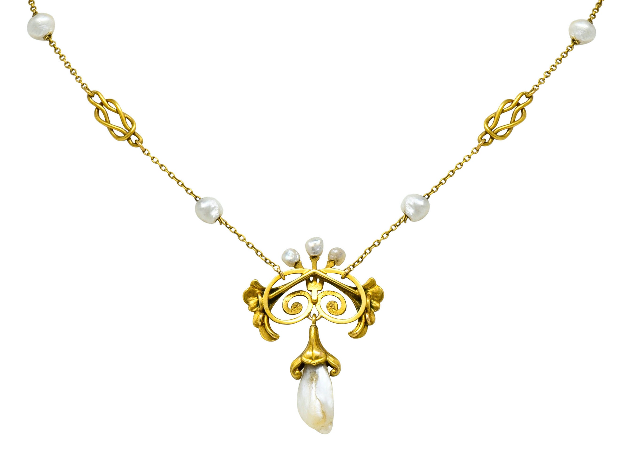 Bippart & Co. Art Nouveau Baroque Pearl Enamel 14 Karat Gold Drop Necklace - Wilson's Estate Jewelry