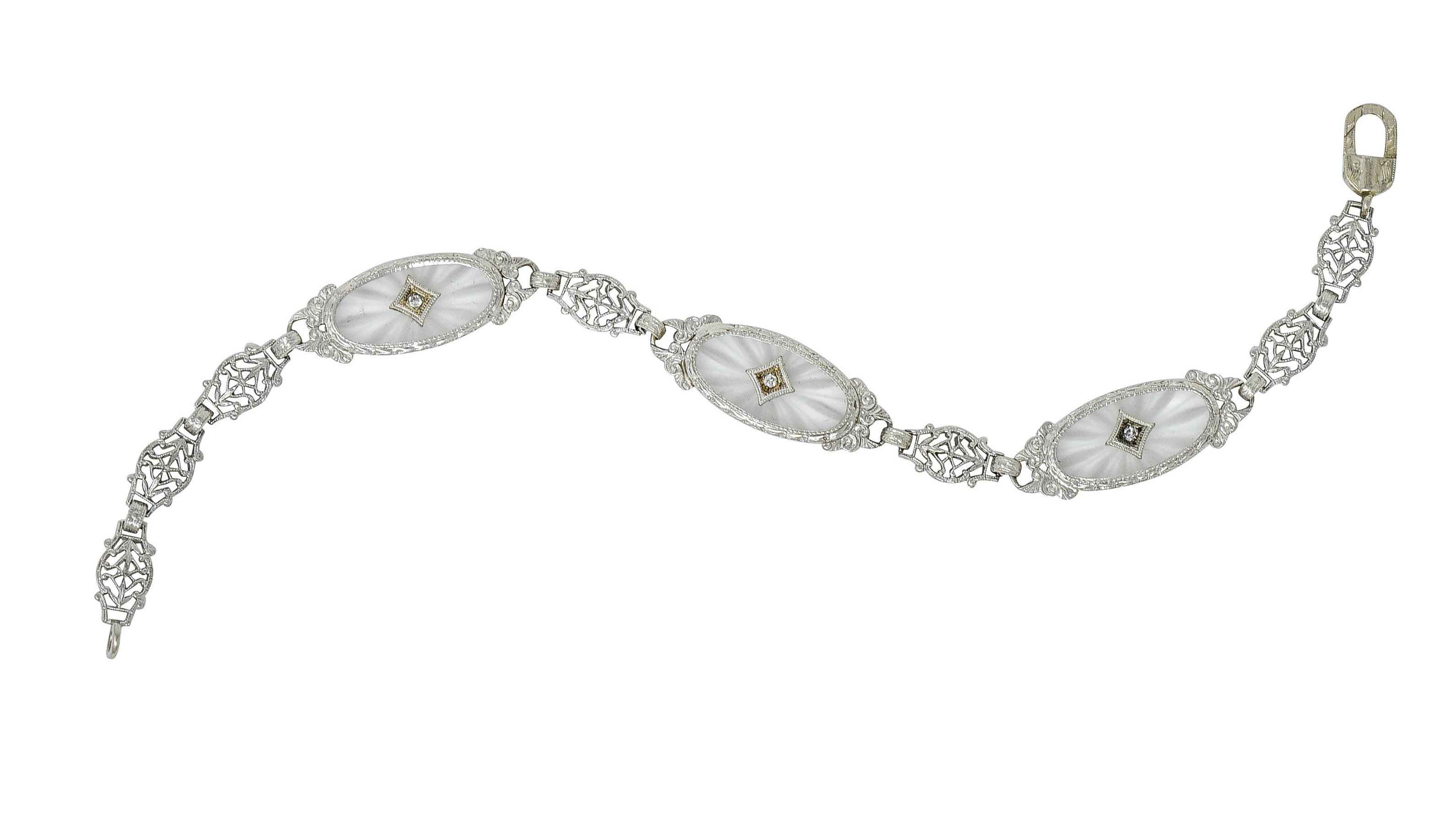 Art Deco Camphor Glass Diamond Platinum Link Bracelet - Wilson's Estate Jewelry