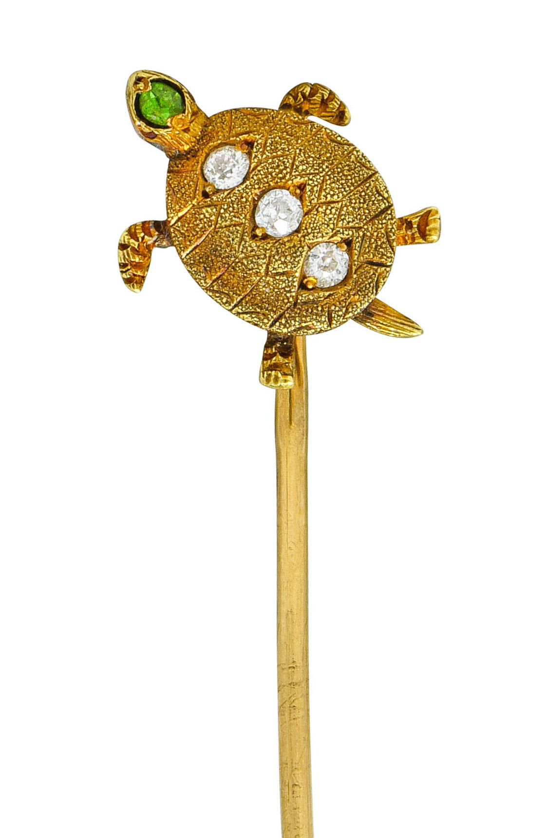 Kirby Art Nouveau Diamond Demantoid Garnet 14 Karat Gold Turtle Stickpin - Wilson's Estate Jewelry