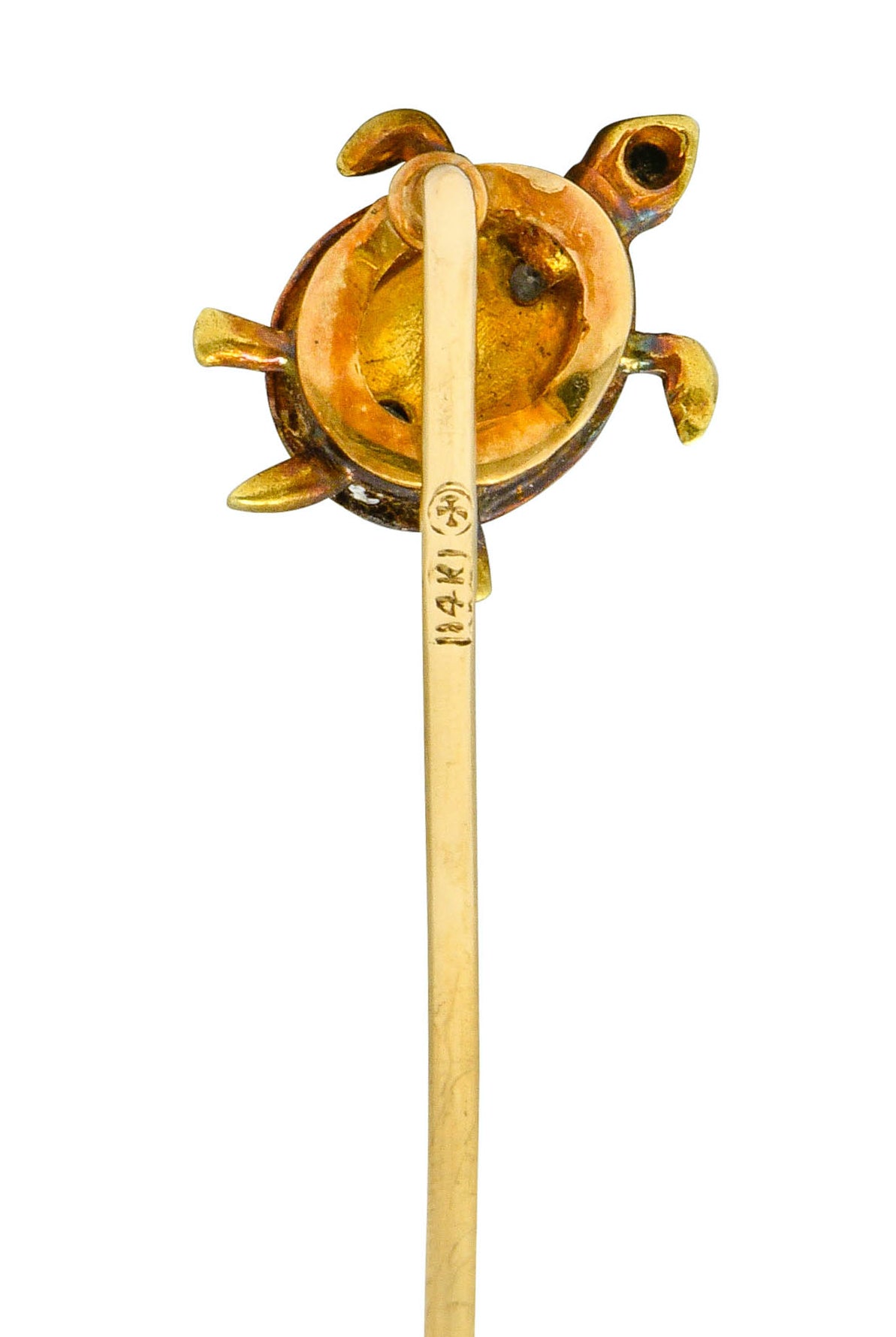 Kirby Art Nouveau Diamond Demantoid Garnet 14 Karat Gold Turtle Stickpin - Wilson's Estate Jewelry