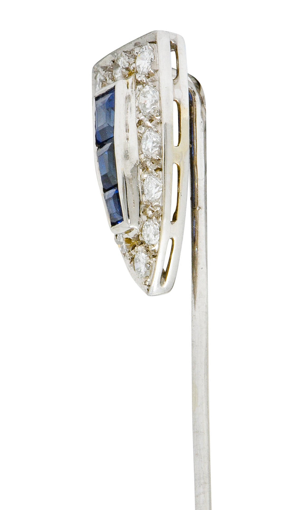 Art Deco Sapphire Diamond 14 Karat White Gold Shield Stickpin - Wilson's Estate Jewelry