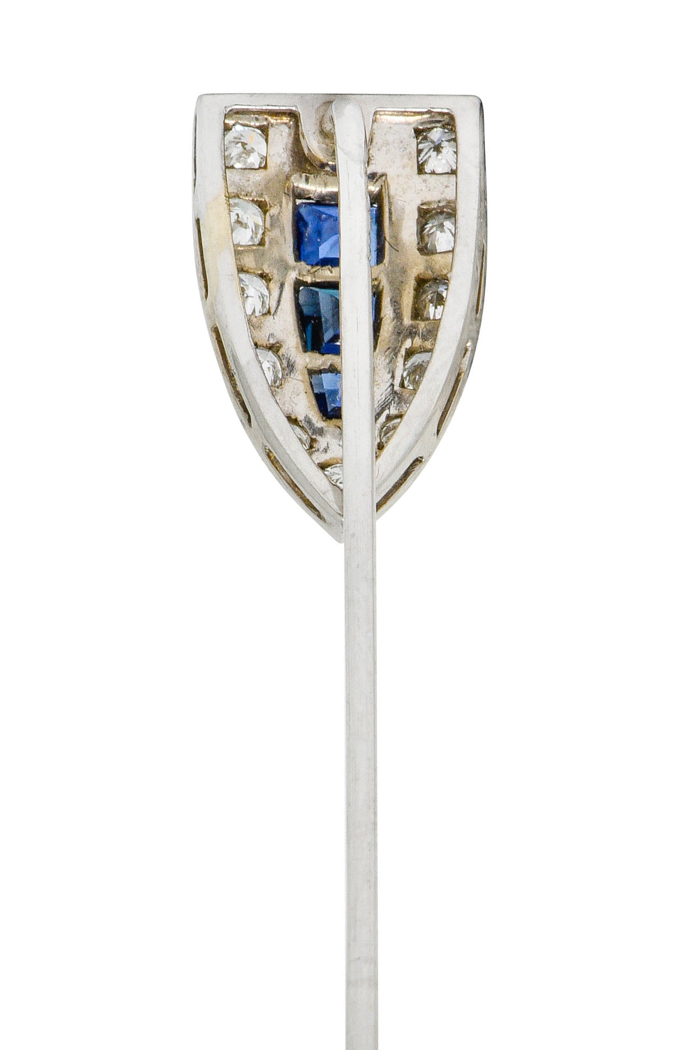 Art Deco Sapphire Diamond 14 Karat White Gold Shield Stickpin - Wilson's Estate Jewelry