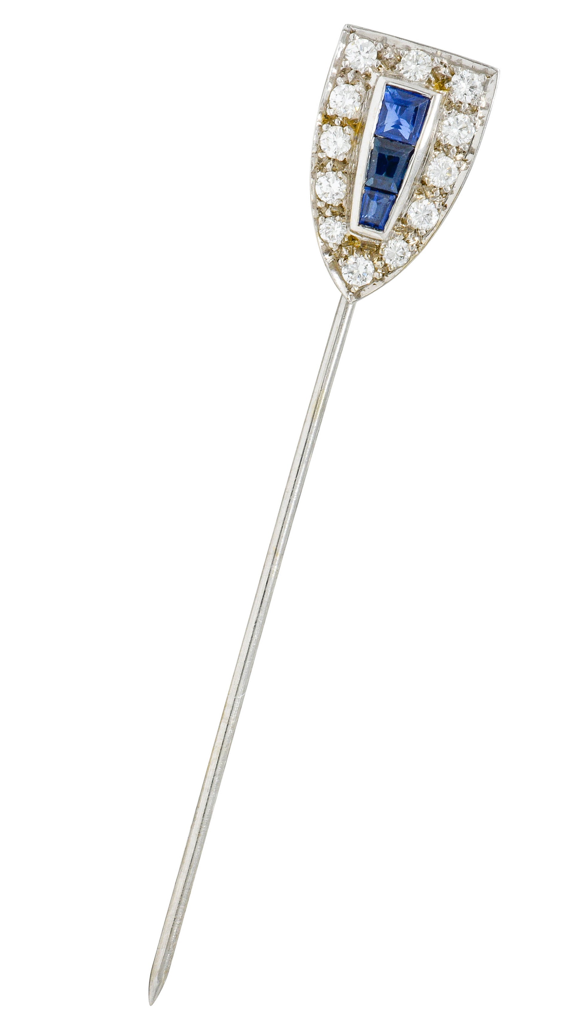 Art Deco Sapphire Diamond 14 Karat White Gold Shield Stickpin - Wilson's Estate Jewelry