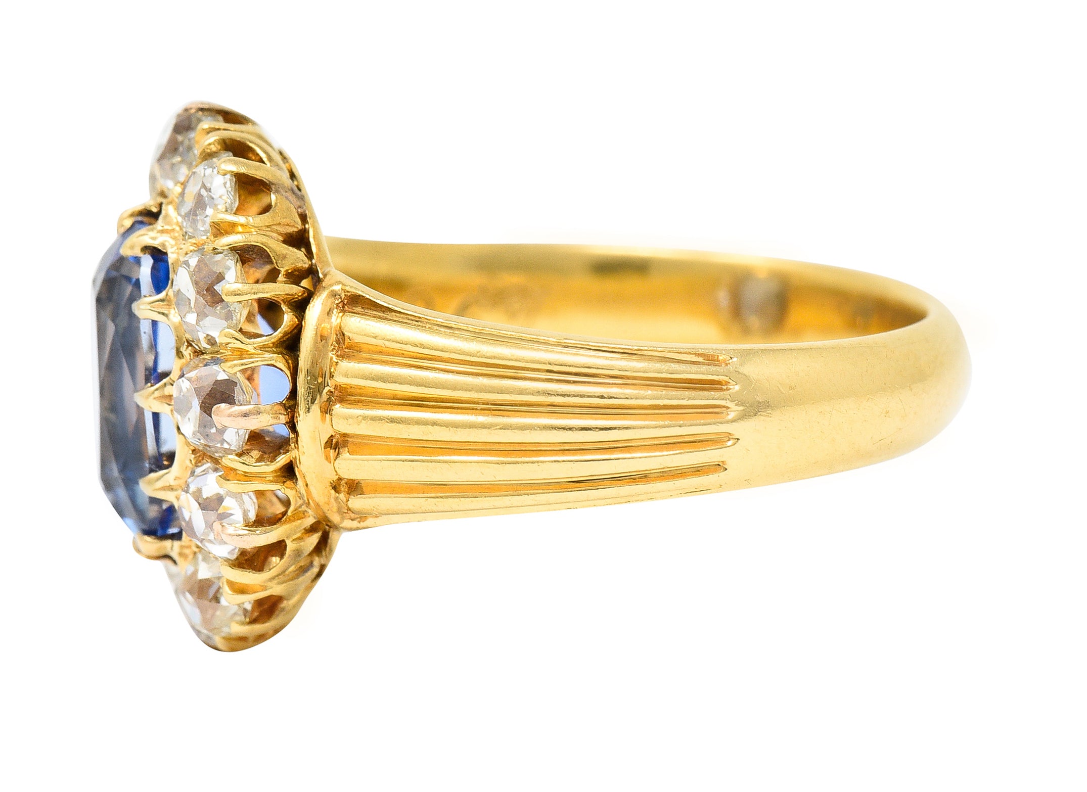 1867 Victorian 4.16 CTW Oval Cut No Heat Ceylon Sapphire Old Mine Cut Diamond 18 Karat Yellow Gold Antique Halo Ring GIA Wilson's Estate Jewelry